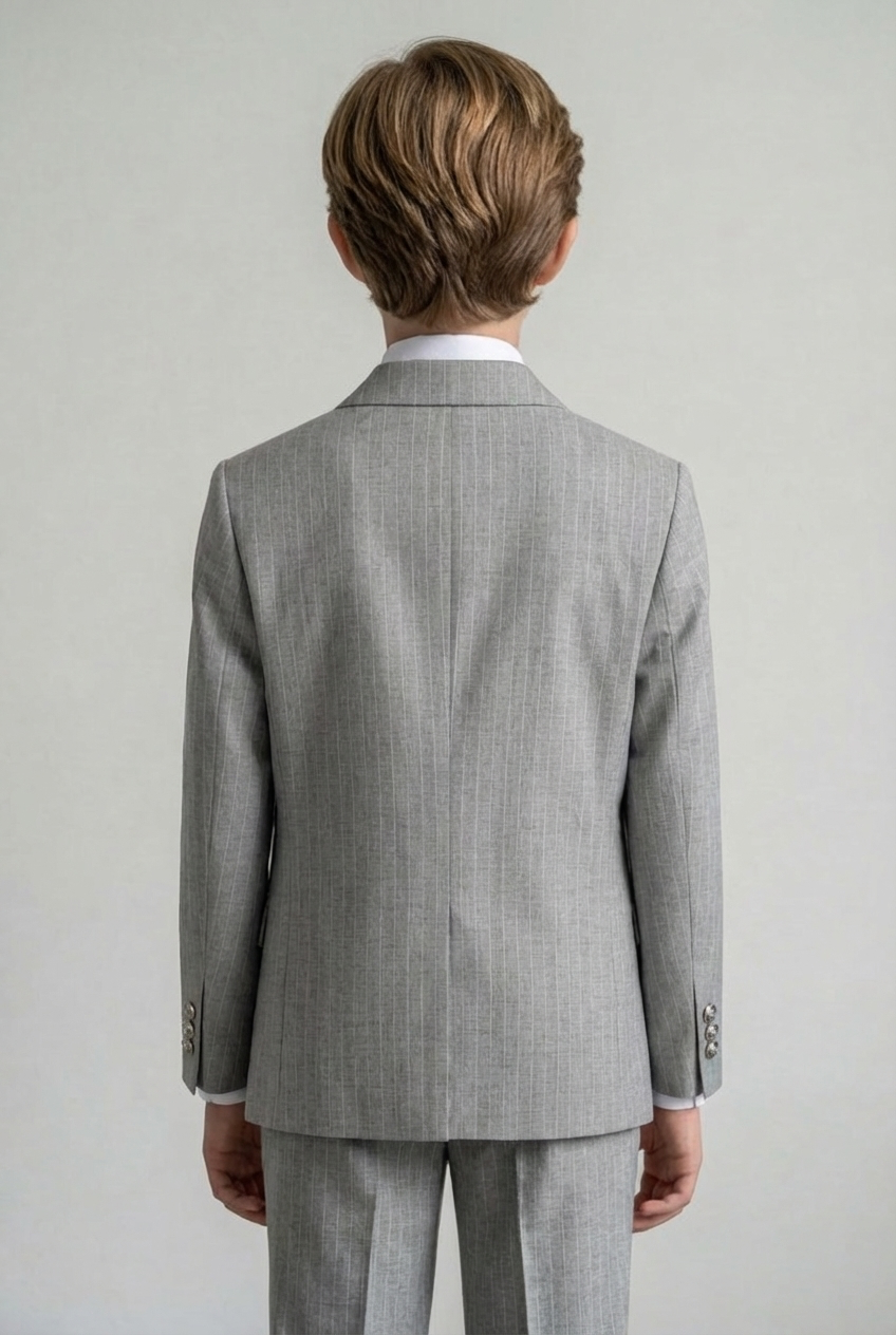 بدلة أولاد مخططة مزدوجة الصدر - طقم 3 قطع و6 قطع - رمادي