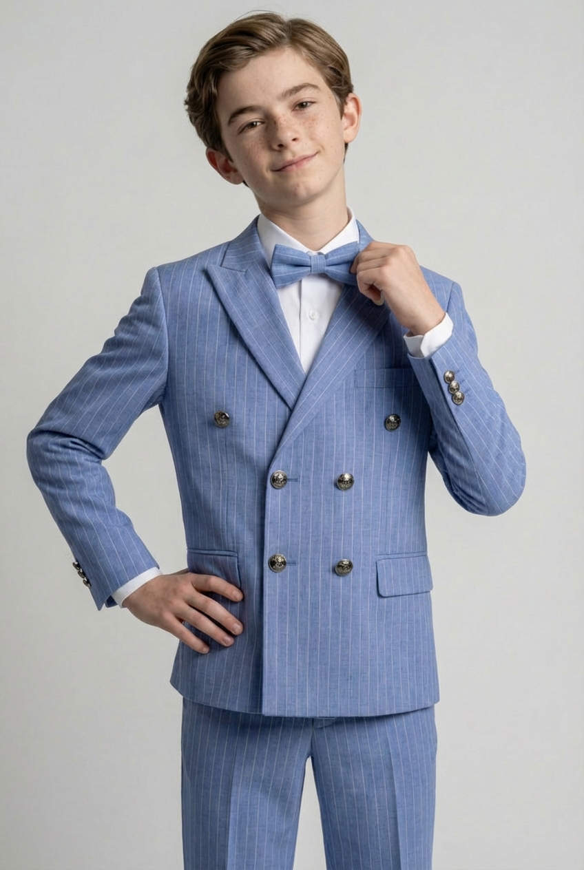 بدلة أولاد مزدوجة الصدر مخططة - طقم 3 قطع و 6 قطع - أزرق سماوي