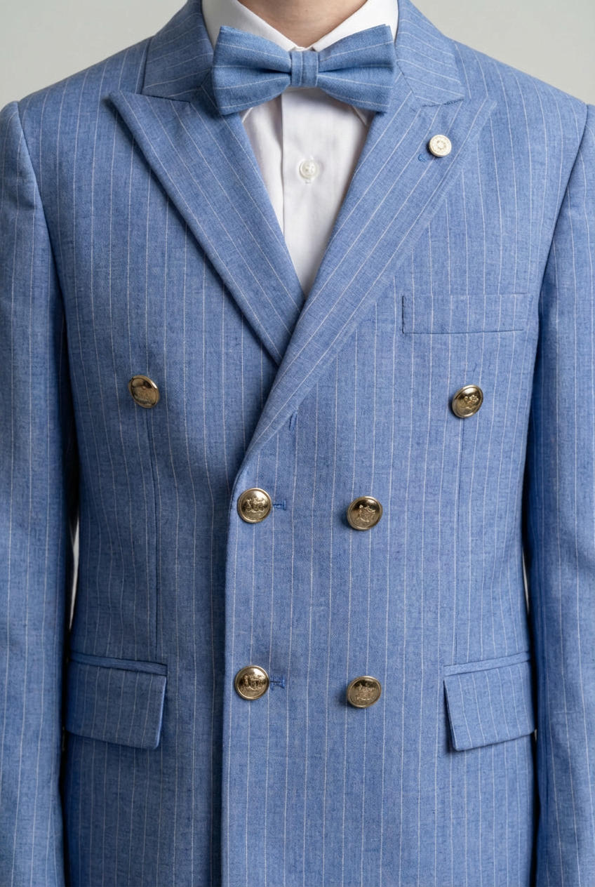 بدلة أولاد مزدوجة الصدر مخططة - طقم 3 قطع و 6 قطع - أزرق سماوي