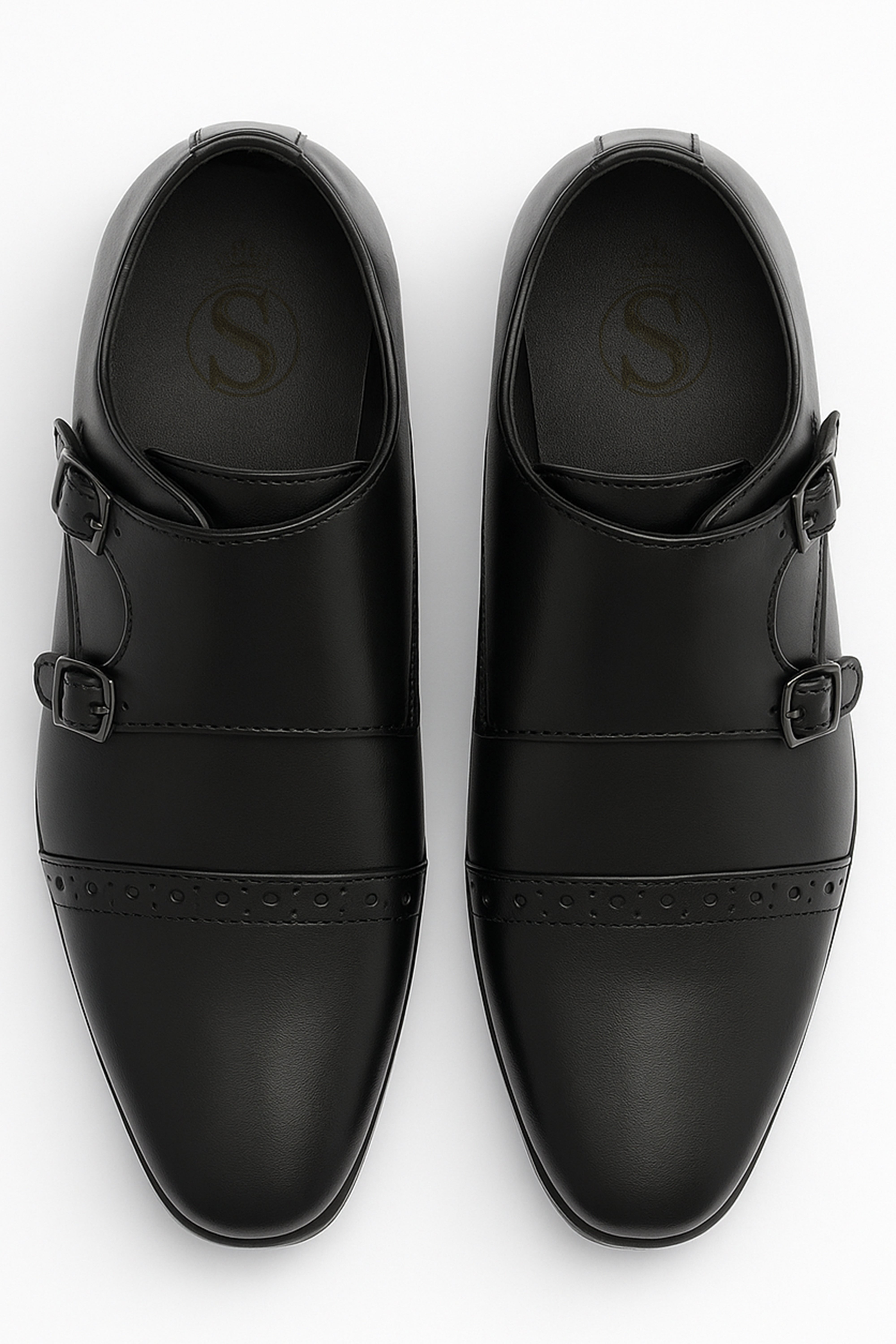 Boys Double Velcro Black Monk Shoes - Black Front Picture