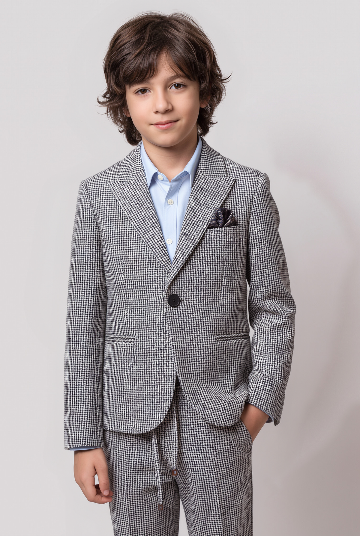 Boys Emerald Navy Blue 2-Piece Mini Tweed Houndstooth Suit - ORME Model Picture