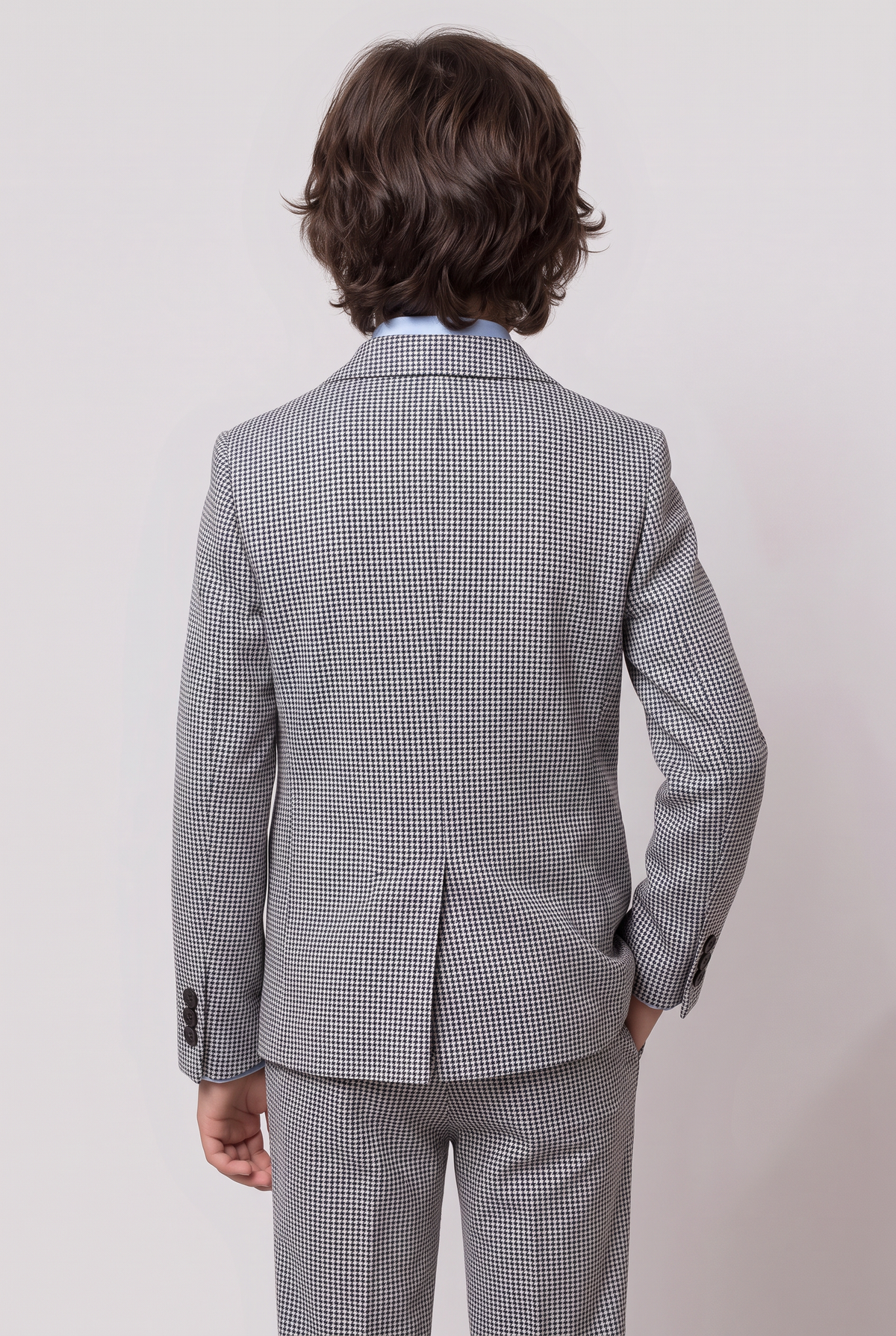 Boys Emerald Navy Blue 2-Piece Mini Tweed Houndstooth Suit - ORME Model Back Picture