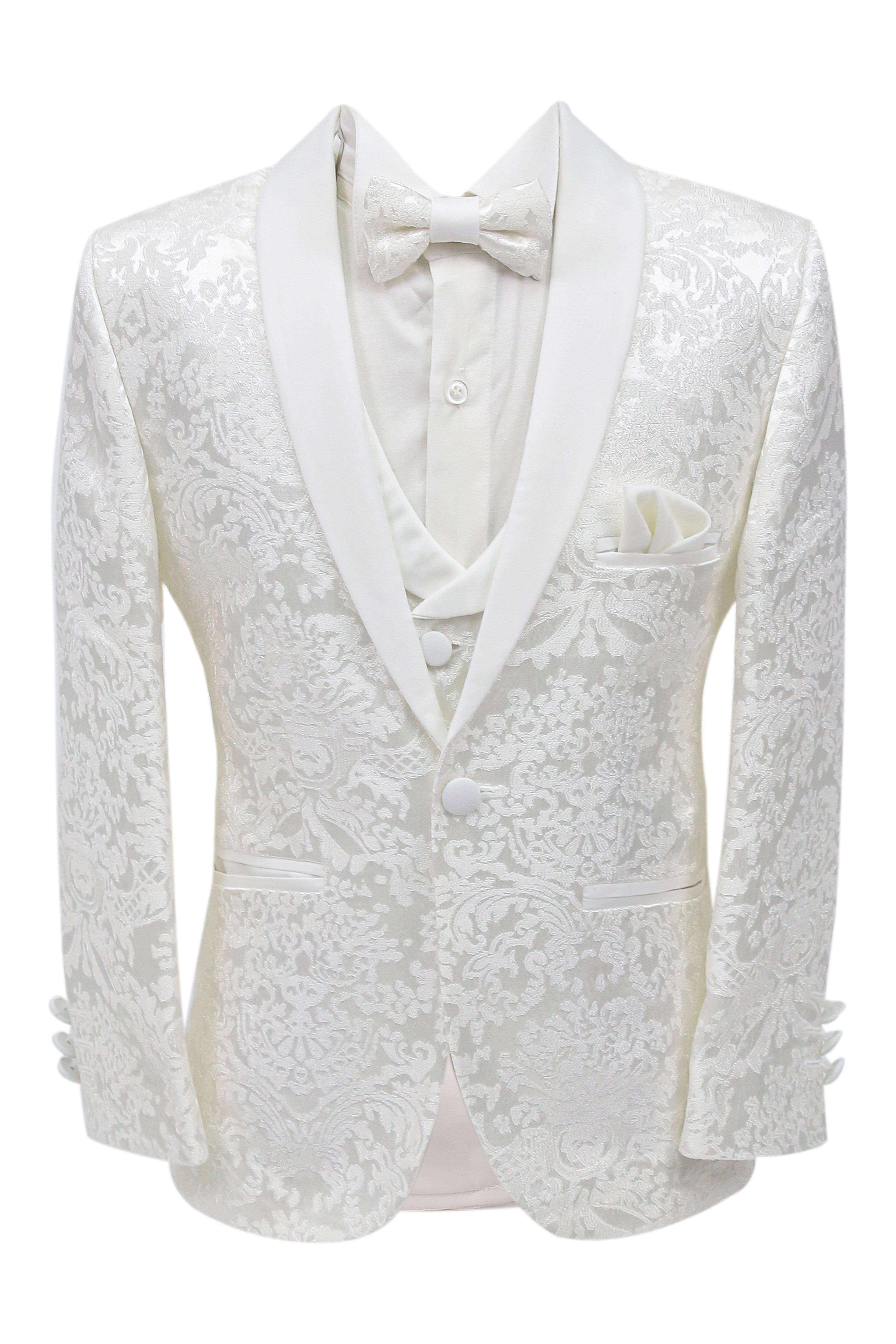 Boys Floral Embroidered Tuxedo Suit Set - Ecru Blazer Front Picture