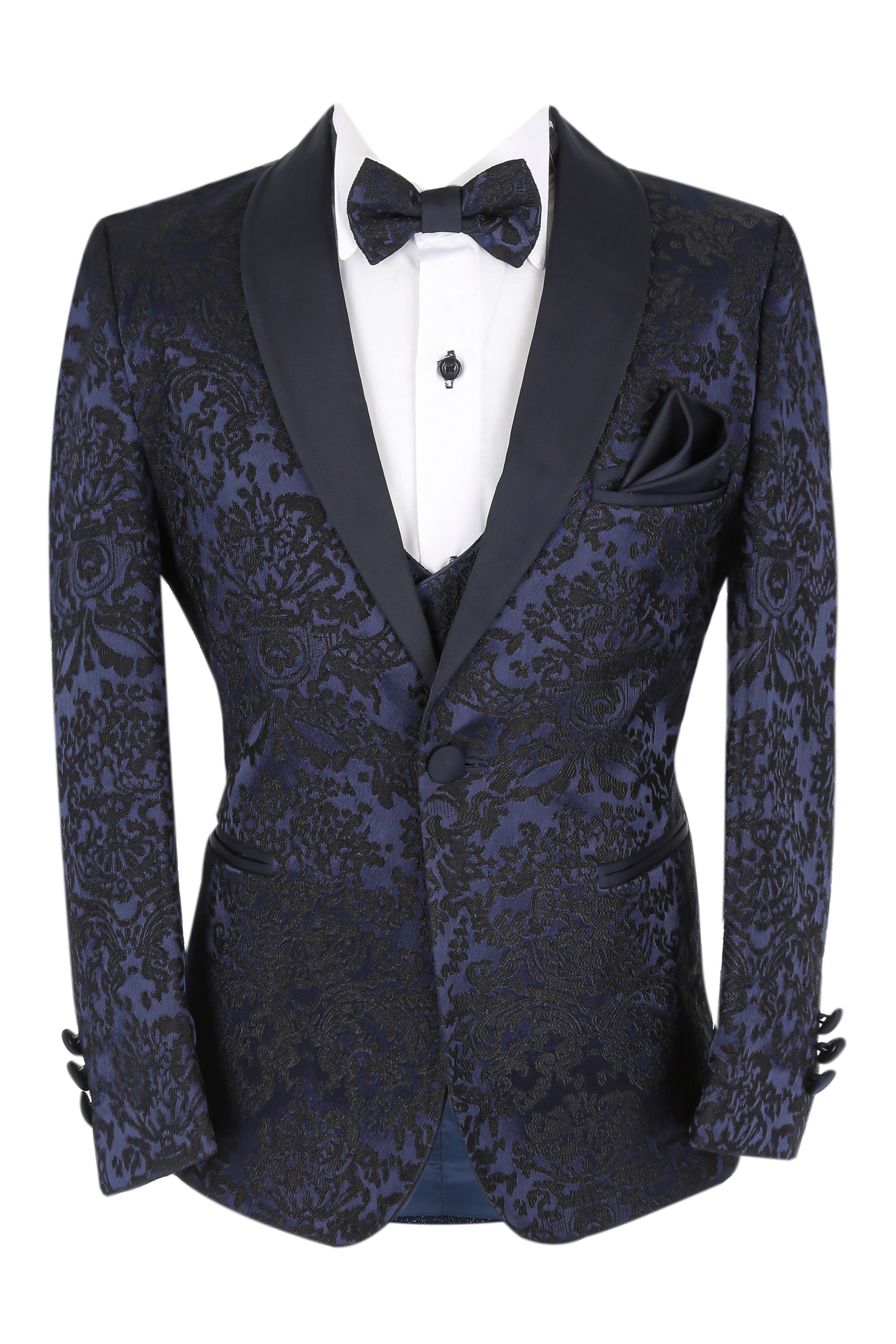 Boys Floral Embroidered Tuxedo Suit Set - Navy Blue Blazer Front Picture