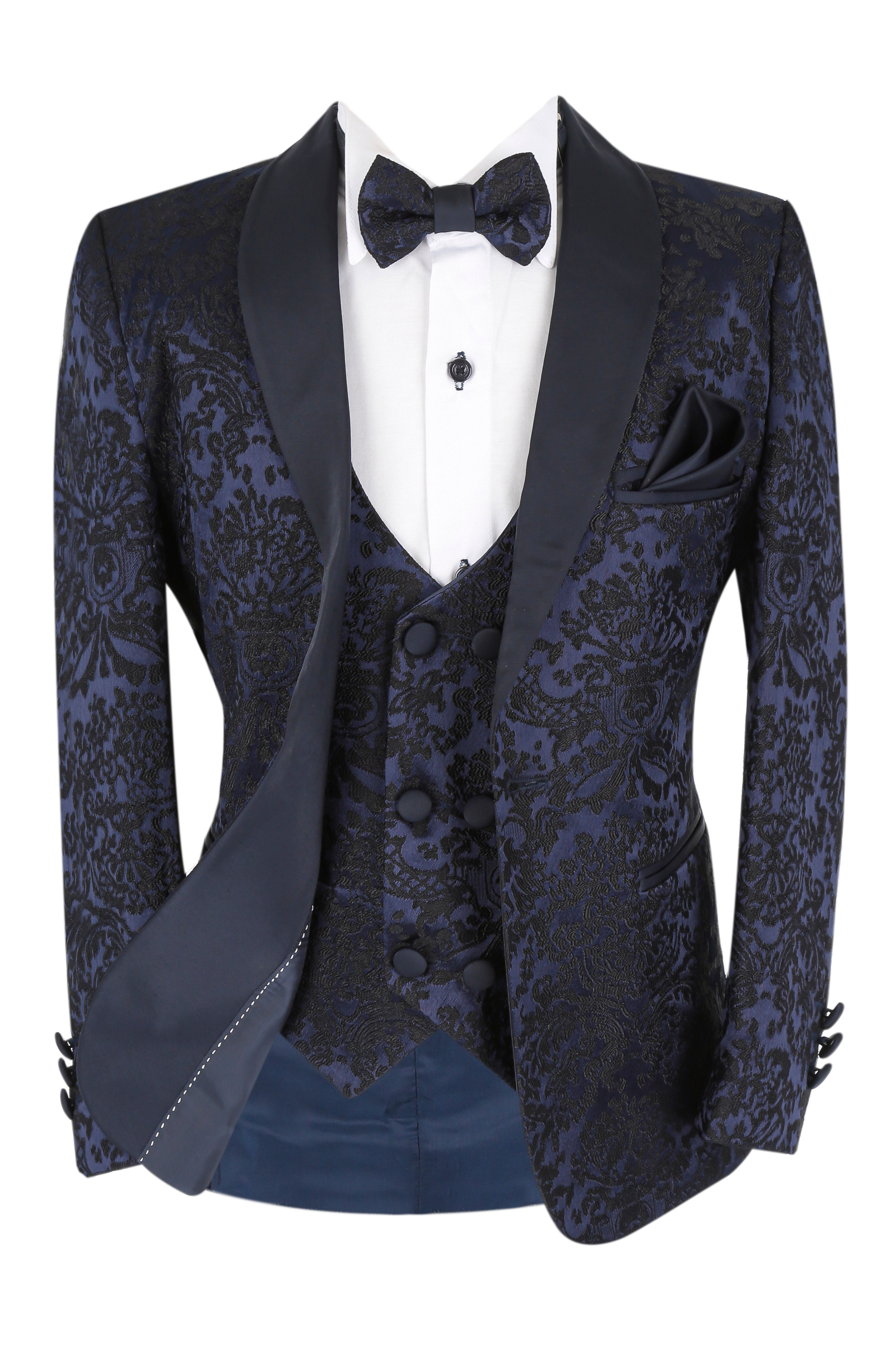 Boys Floral Embroidered Tuxedo Suit Set - Navy Blue Front Open Picture