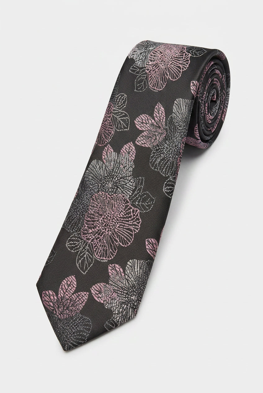 Cravate fine jacquard florale pour garçons - Noir