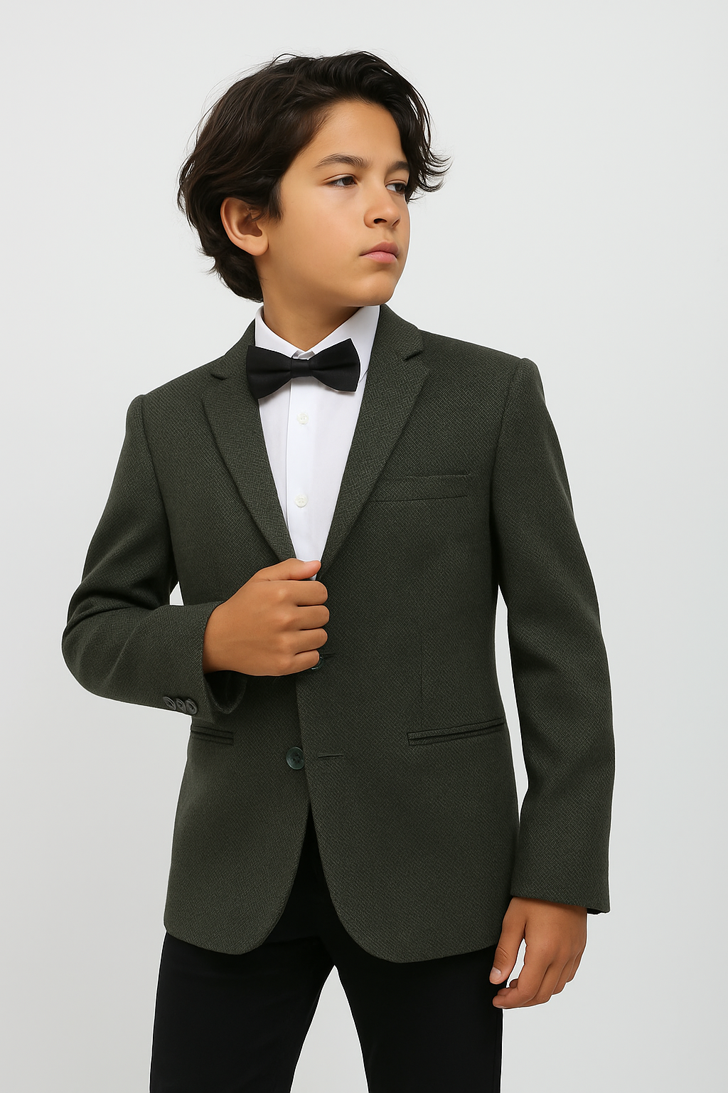 Boys Formal Textured Blazer Jacket - Khaki Green Model Picture