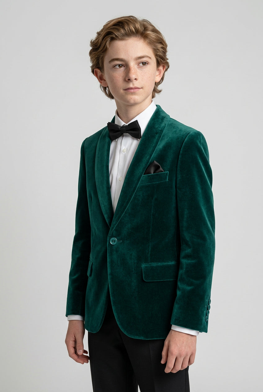 Boys Formal Velvet Blazer Jacket - Green Side Picture