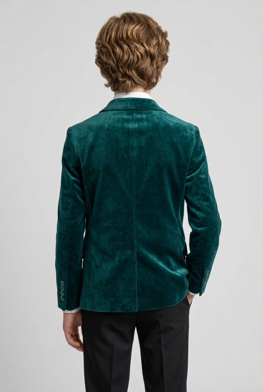 Boys Formal Velvet Blazer Jacket - Green Back Picture