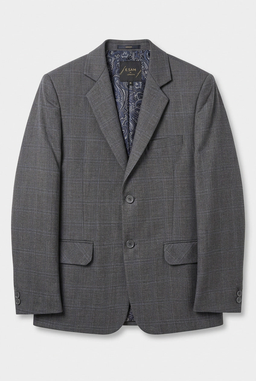 Boys Formal Wear Check Suit Wedding Windowpane 5 Piece Set in Dark Grey Blazer Front Picture
