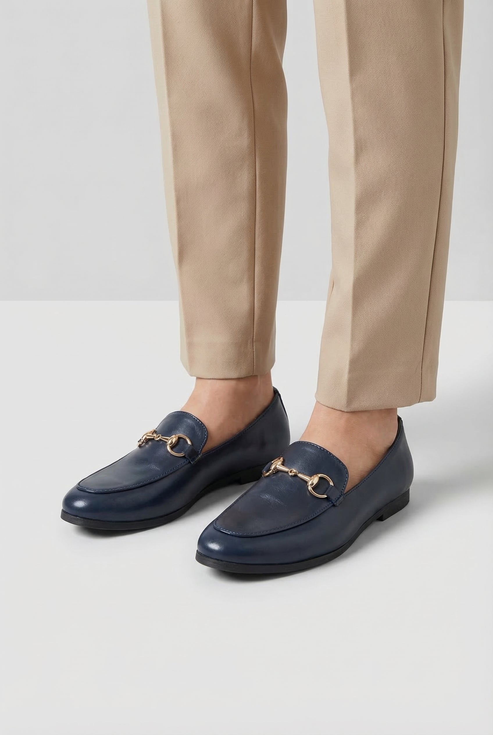 Boys Gold Horsebit Loafer Dress Shoes - Asher Navy Model Picture