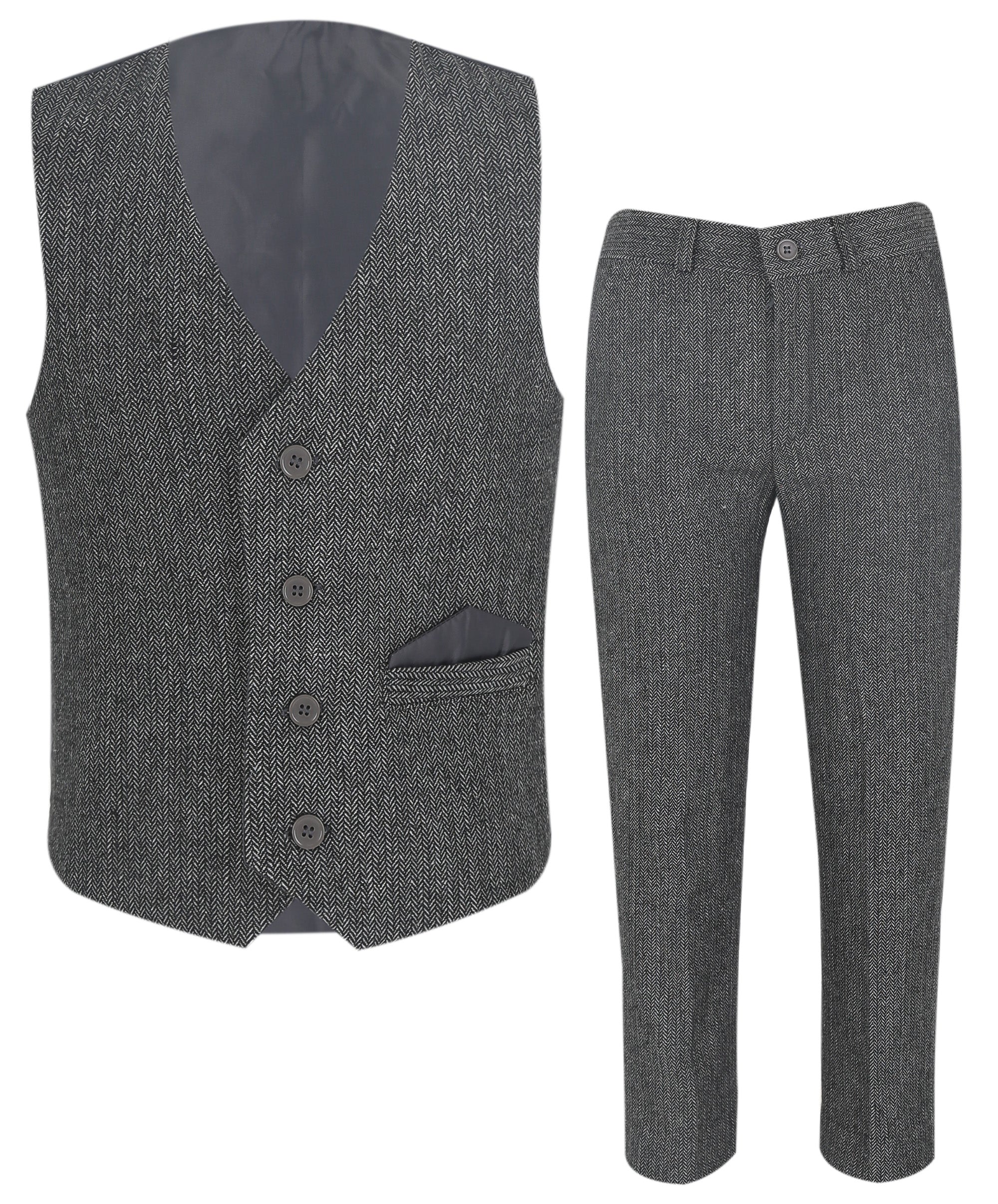 Boys Herringbone Tweed Waistcoat Suit Set - Dark Grey 2PC Front Picture