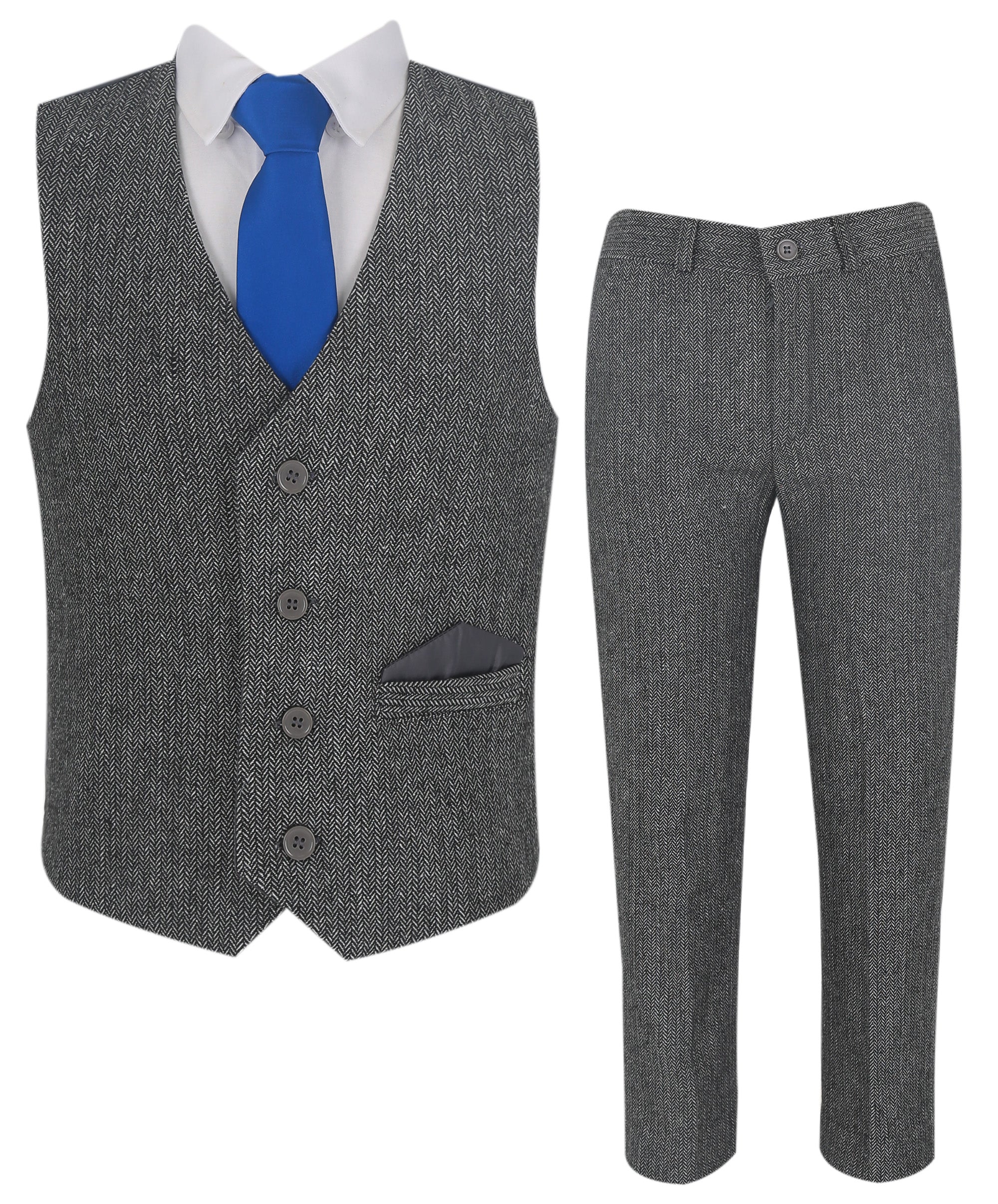 Boys Herringbone Tweed Waistcoat Suit Set - Dark Grey 2 PC Front Picture with Accessories