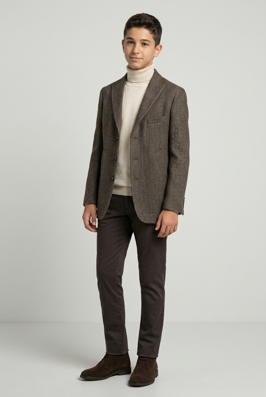 Blazer garçon en tweed texturé kaki