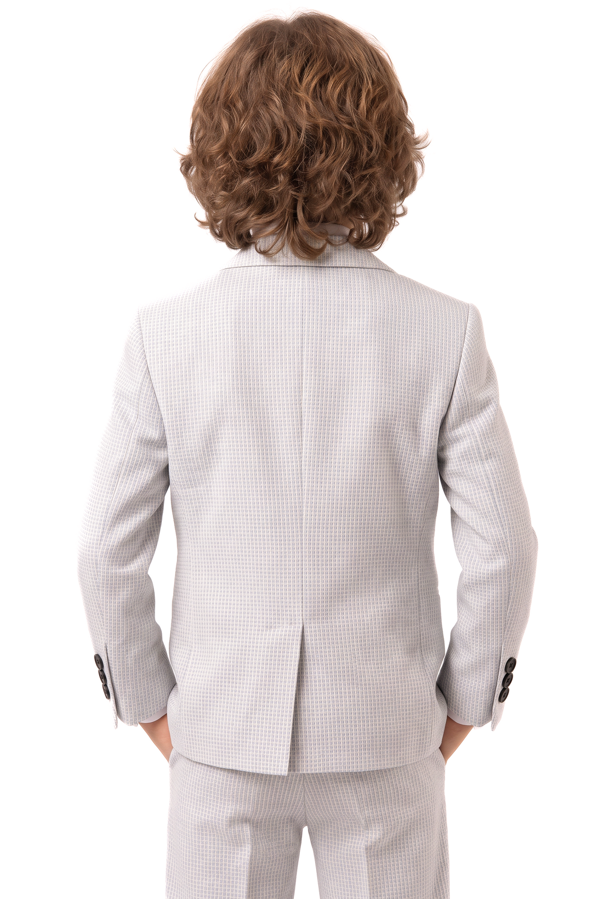 Boys Light Blue 2-Piece Mini Tweed Houndstooth Suit - ORME Model Back Picture