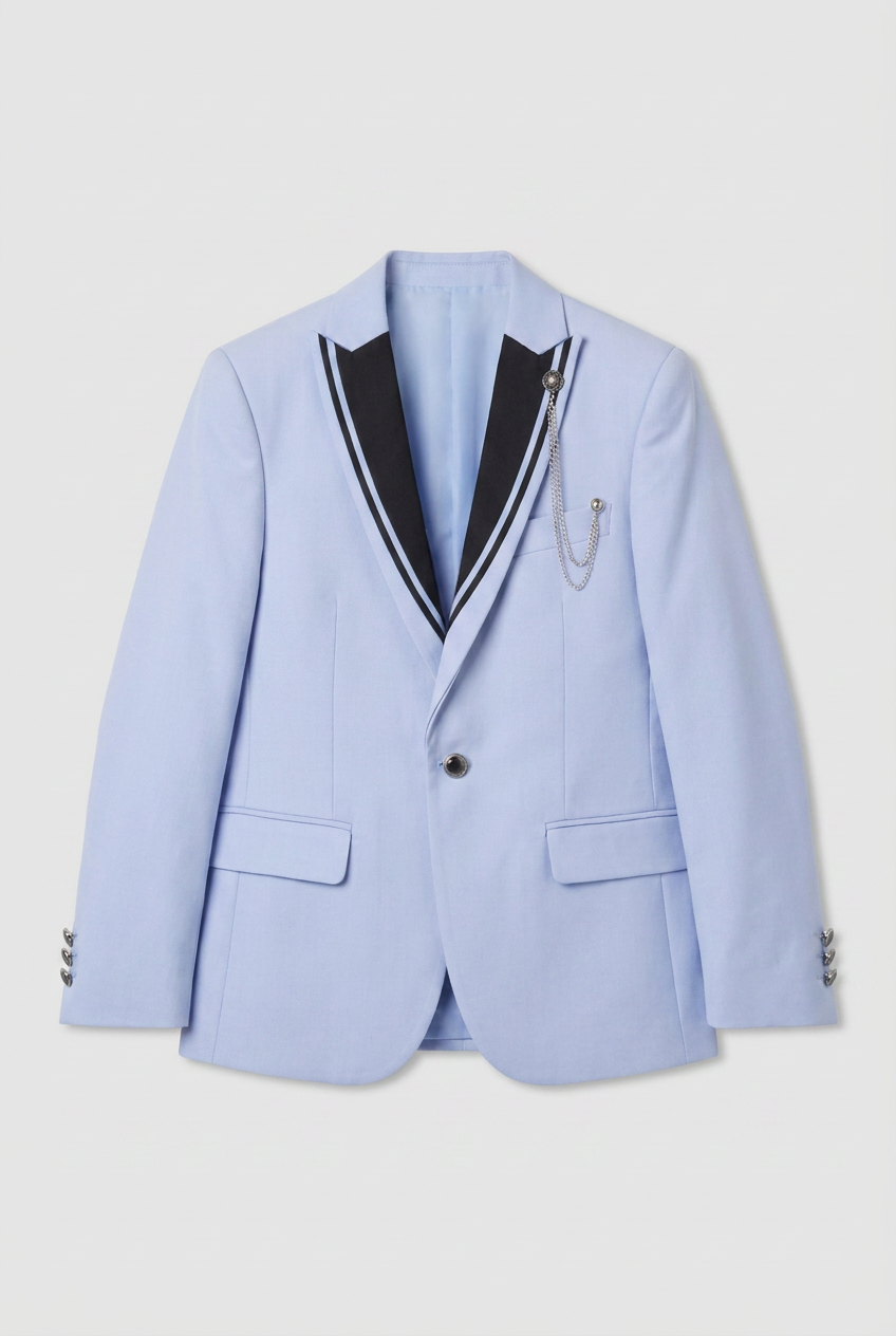 Boys Light Blue 6-Piece Tuxedo Suit Set with Black Contrast Lapels