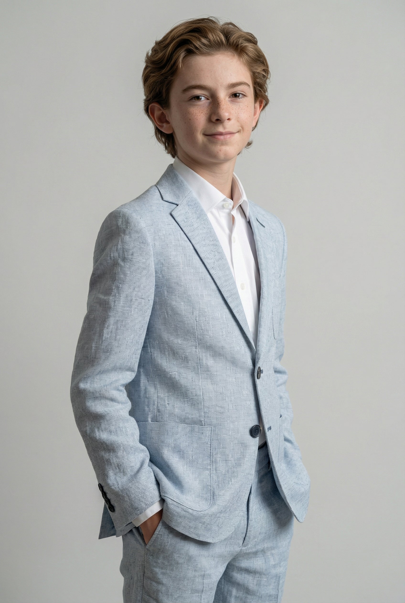 Boys Linen Suit with Elbow Patches - Pale Blue