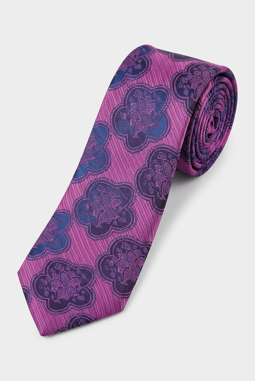 Corbata ajustada de jacquard floral con medallón para niños - Morado y azul marino