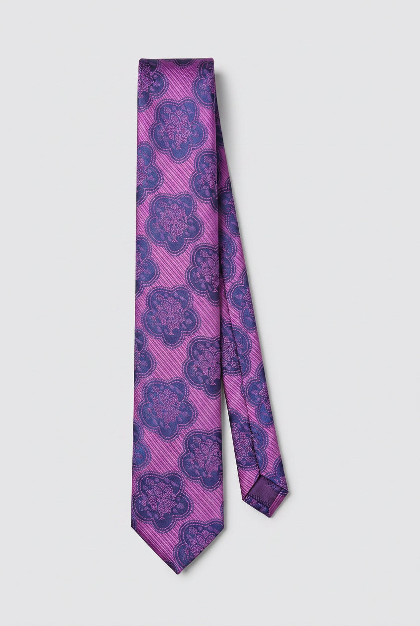 Corbata ajustada de jacquard floral con medallón para niños - Morado y azul marino