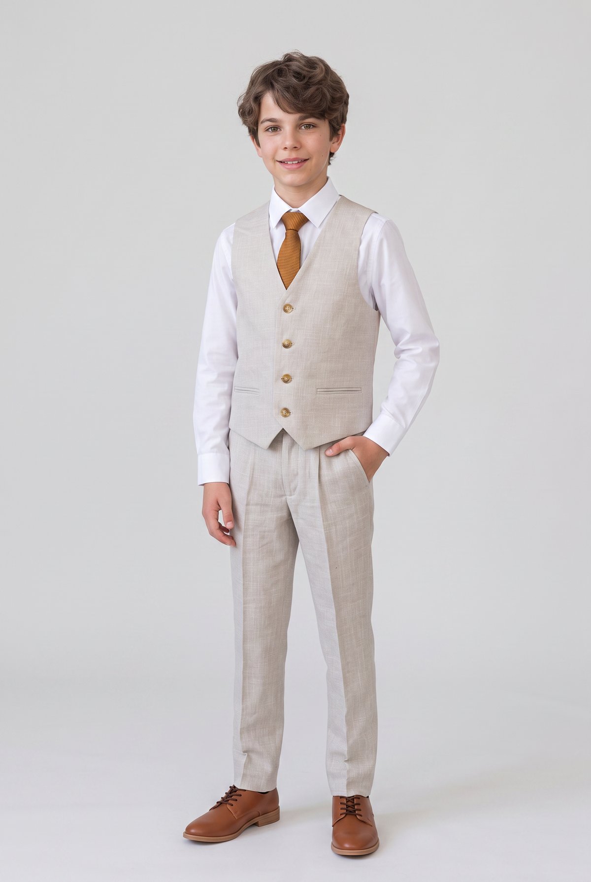 Boy wearing beige textured suit vest and trousers