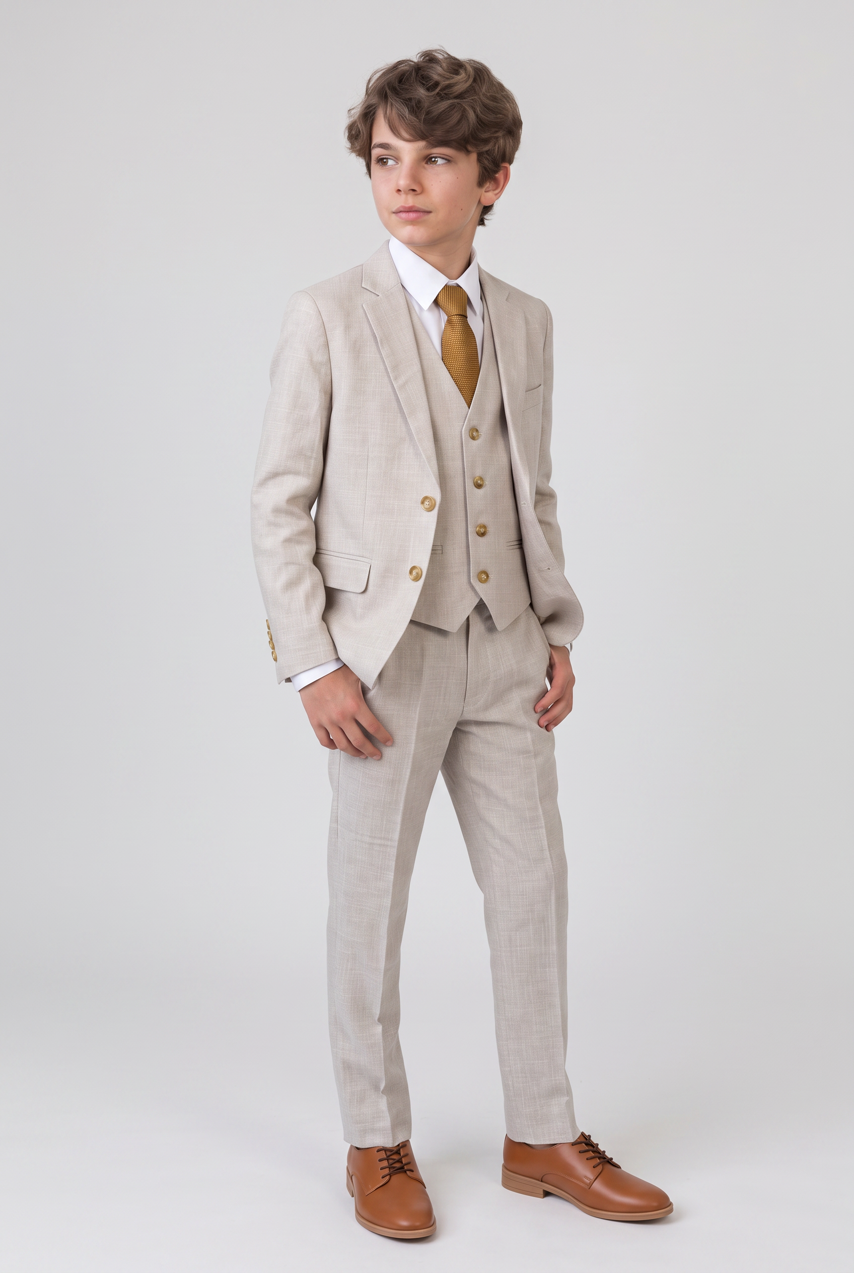 Full-length boy in beige three-piece formal suit