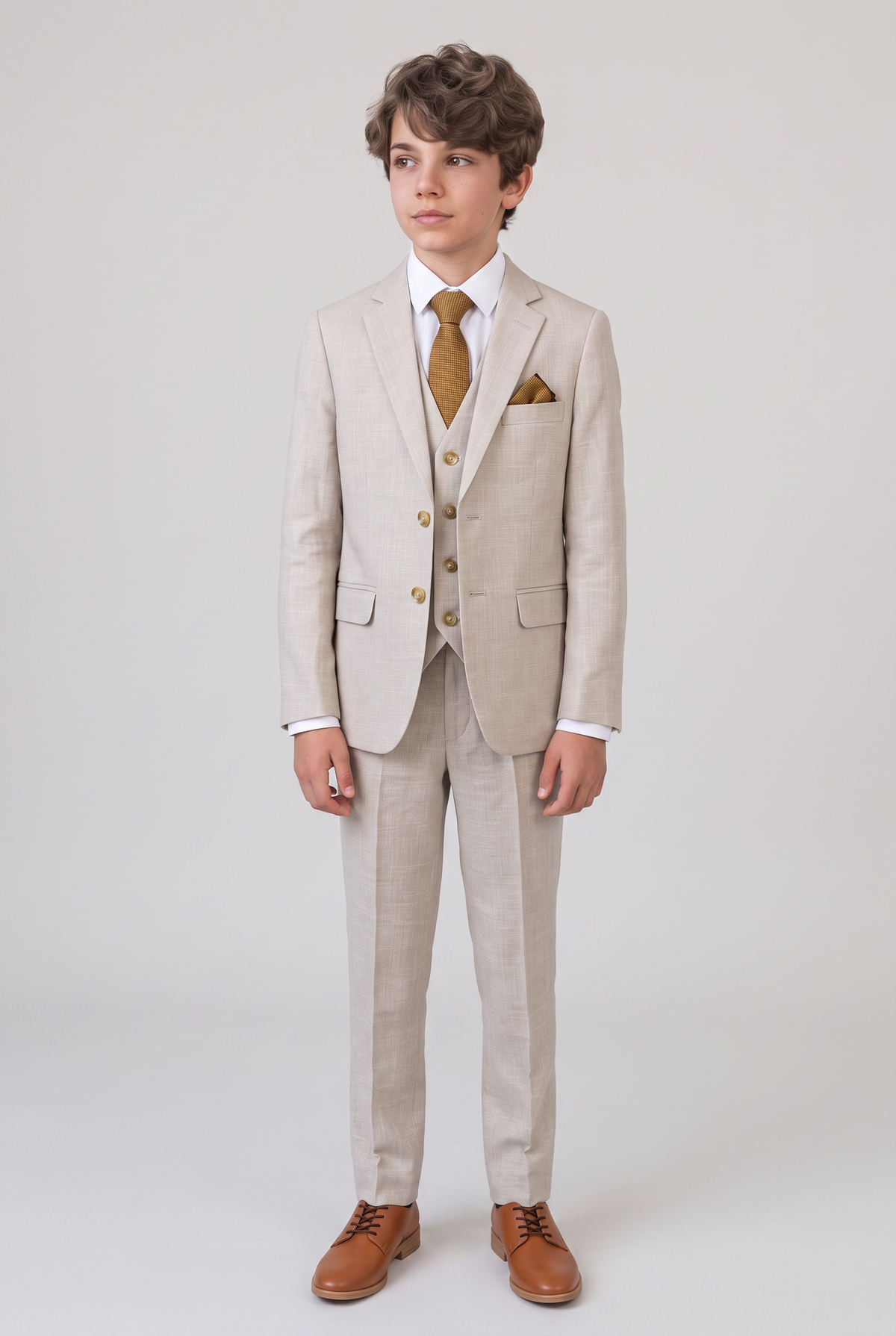 Front view of beige three-piece suit for boys