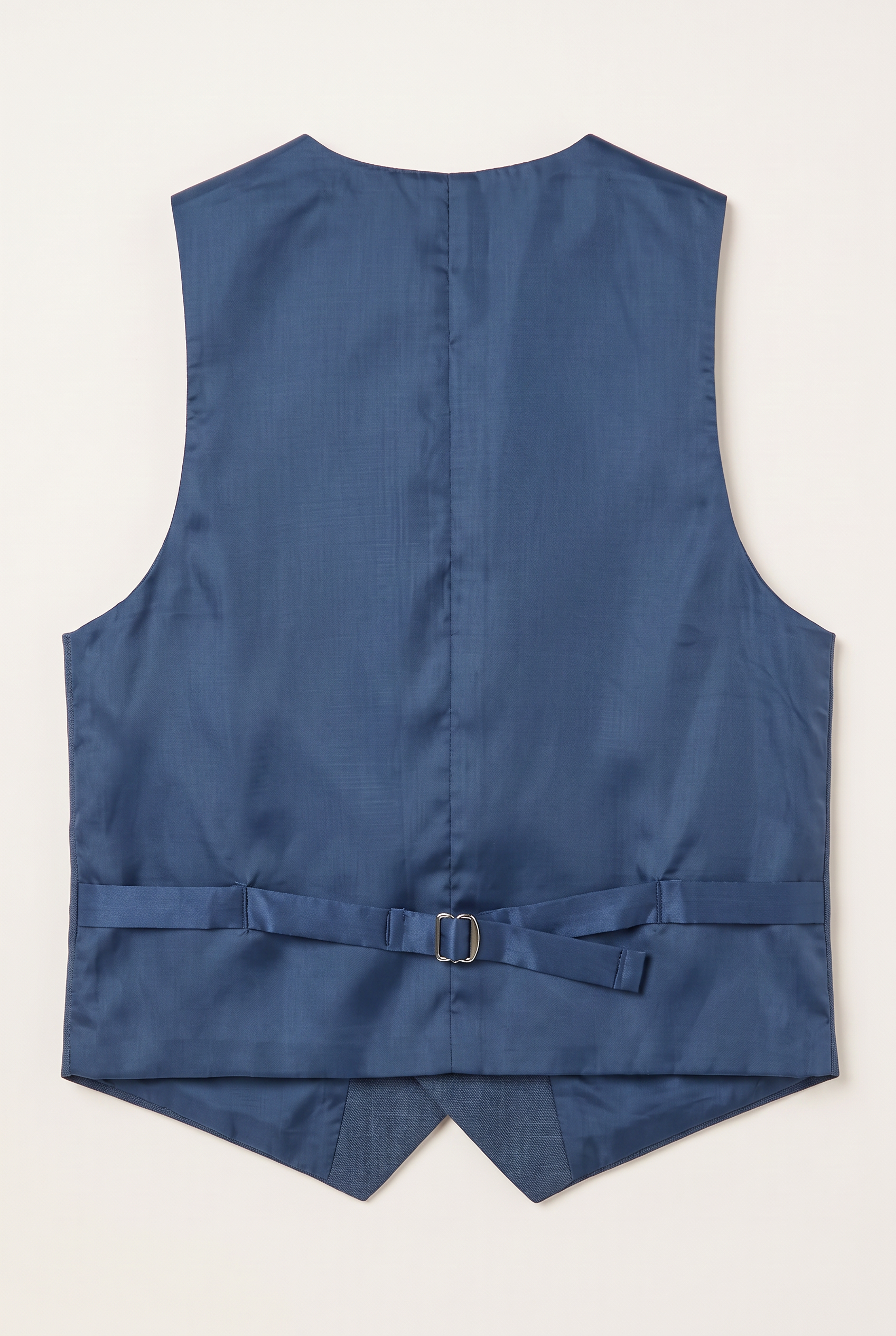Back view of navy suit waistcoat with adjustable strap