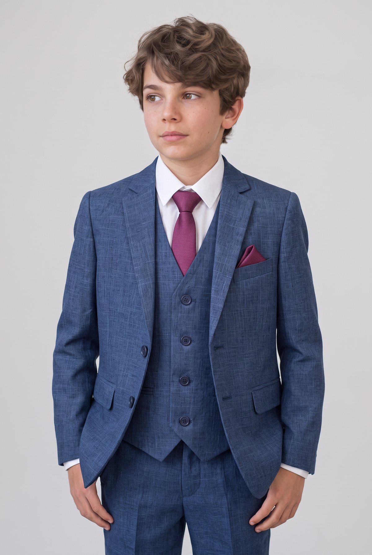 Boy wearing navy three-piece suit with burgundy tie