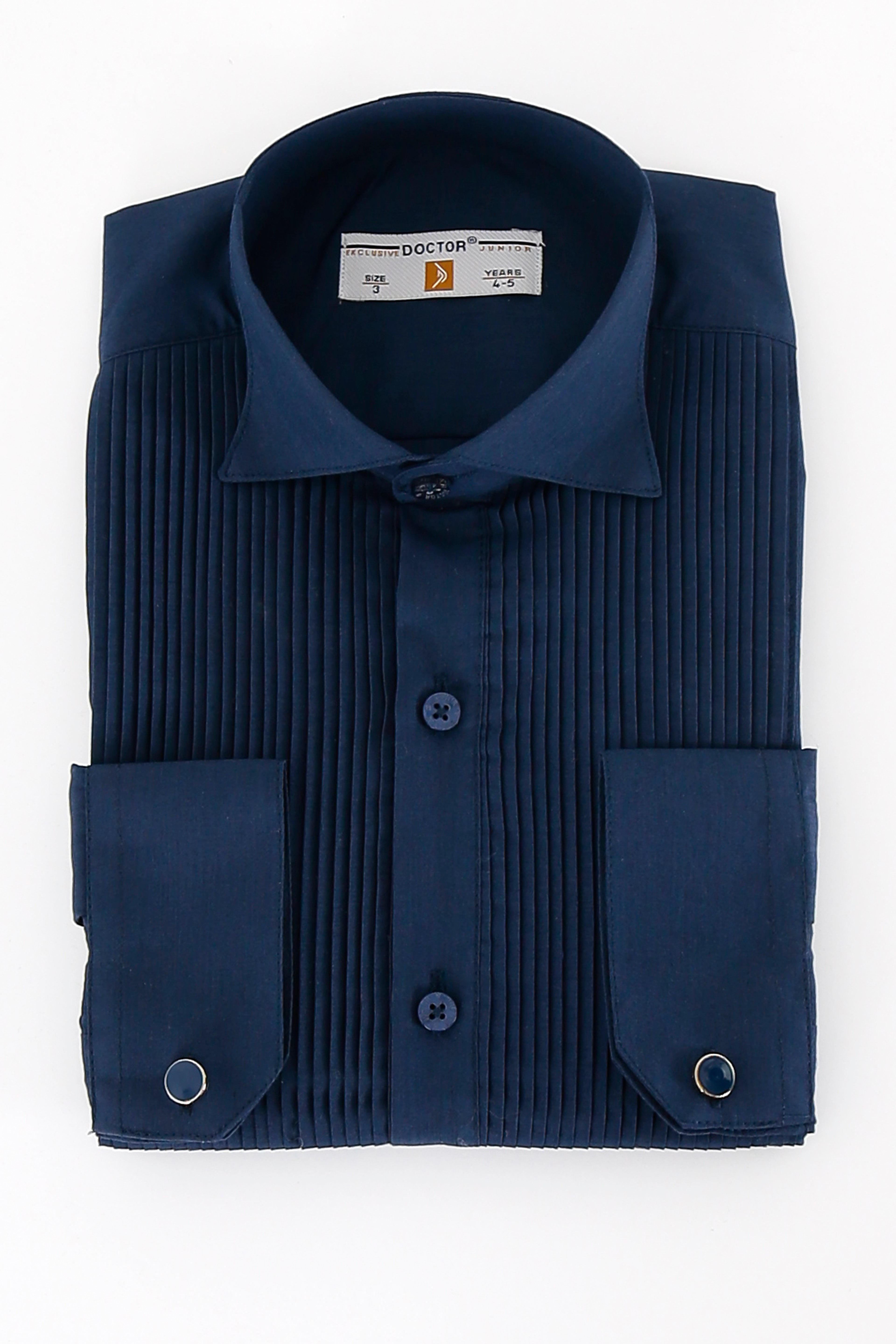 Boys Navy Blue Slim Fit Pleated Cufflink Shirt - Navy Blue Front Picture