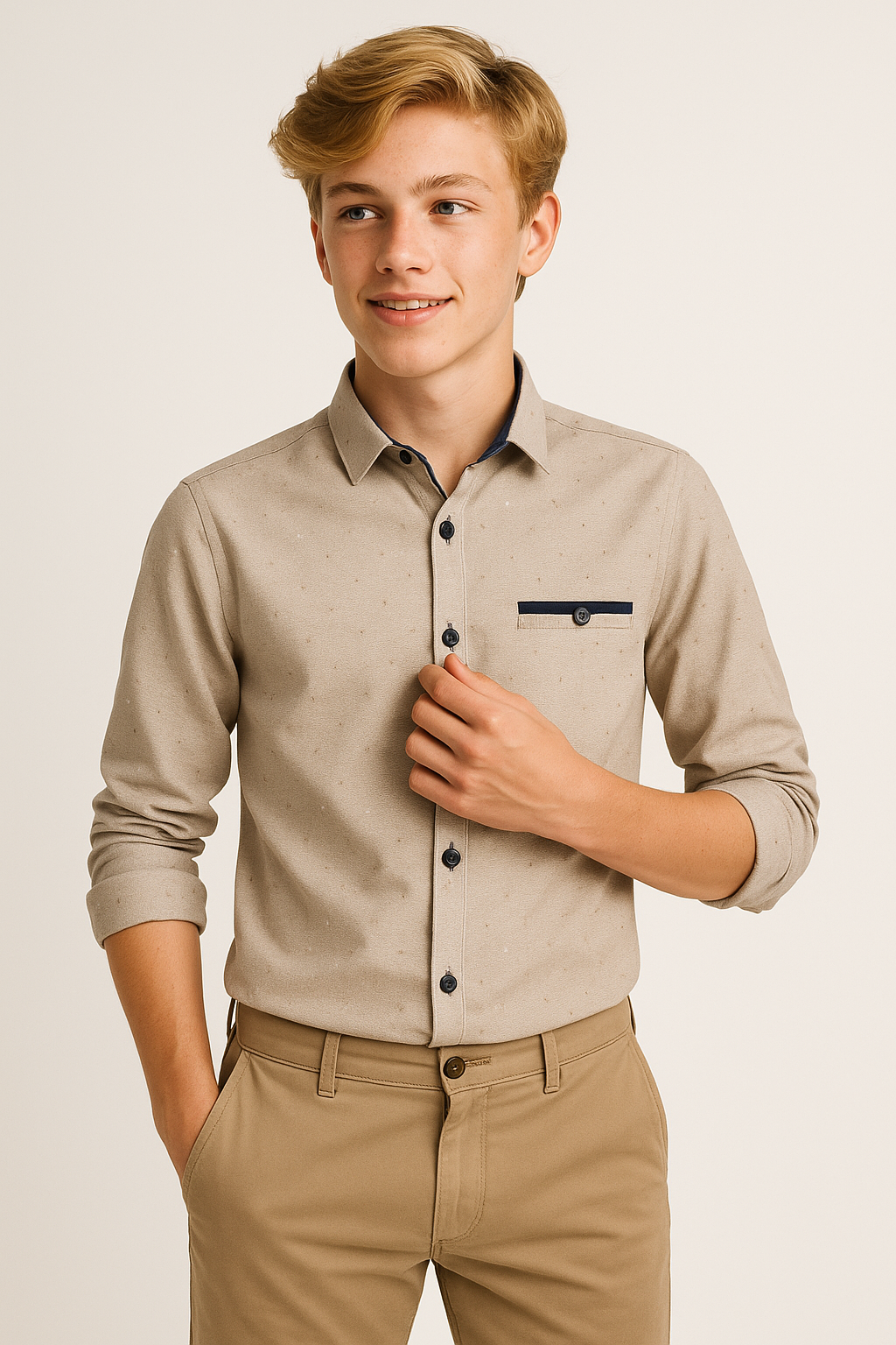 Boys Oxford Dotted Slim Fit Long Sleeve Shirt - Beige Modle Picture