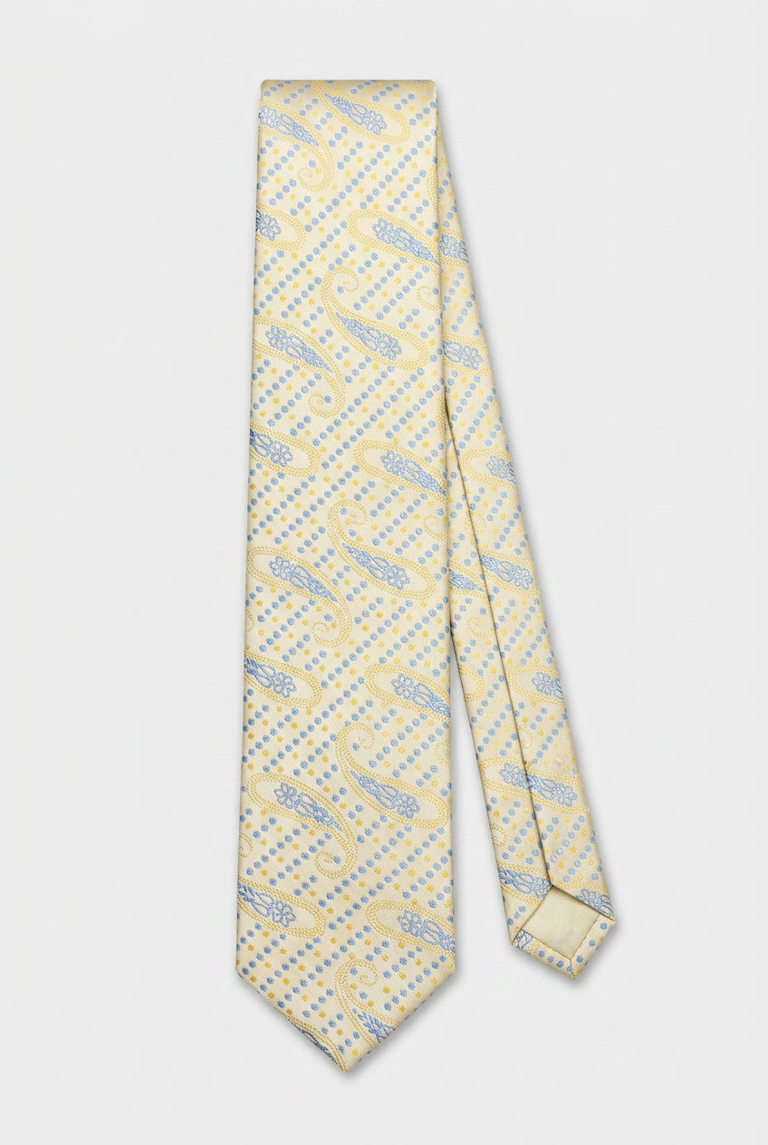 Corbata ajustada de jacquard con lunares y diseño paisley para niños - Amarillo y Azul