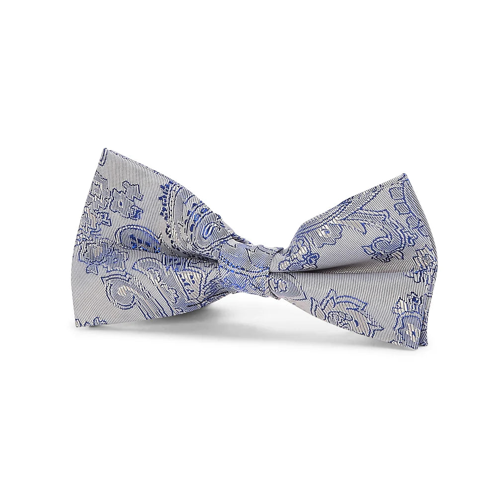 Pajarita para niños de jacquard con estampado de cachemira preanudada con correa de cuello ajustable - Plata y Azul