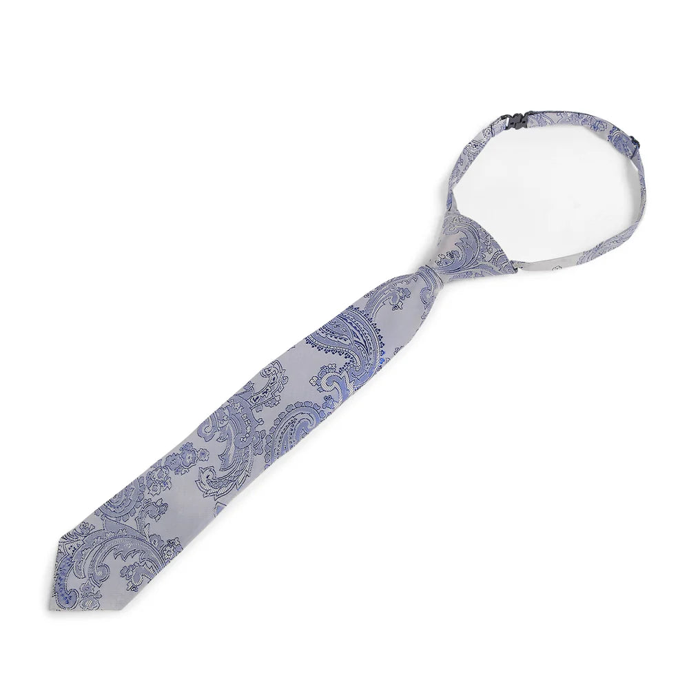 Cravate pré-nouée jacquard paisley pour garçons avec sangle de cou réglable à clip - Argent et Bleu