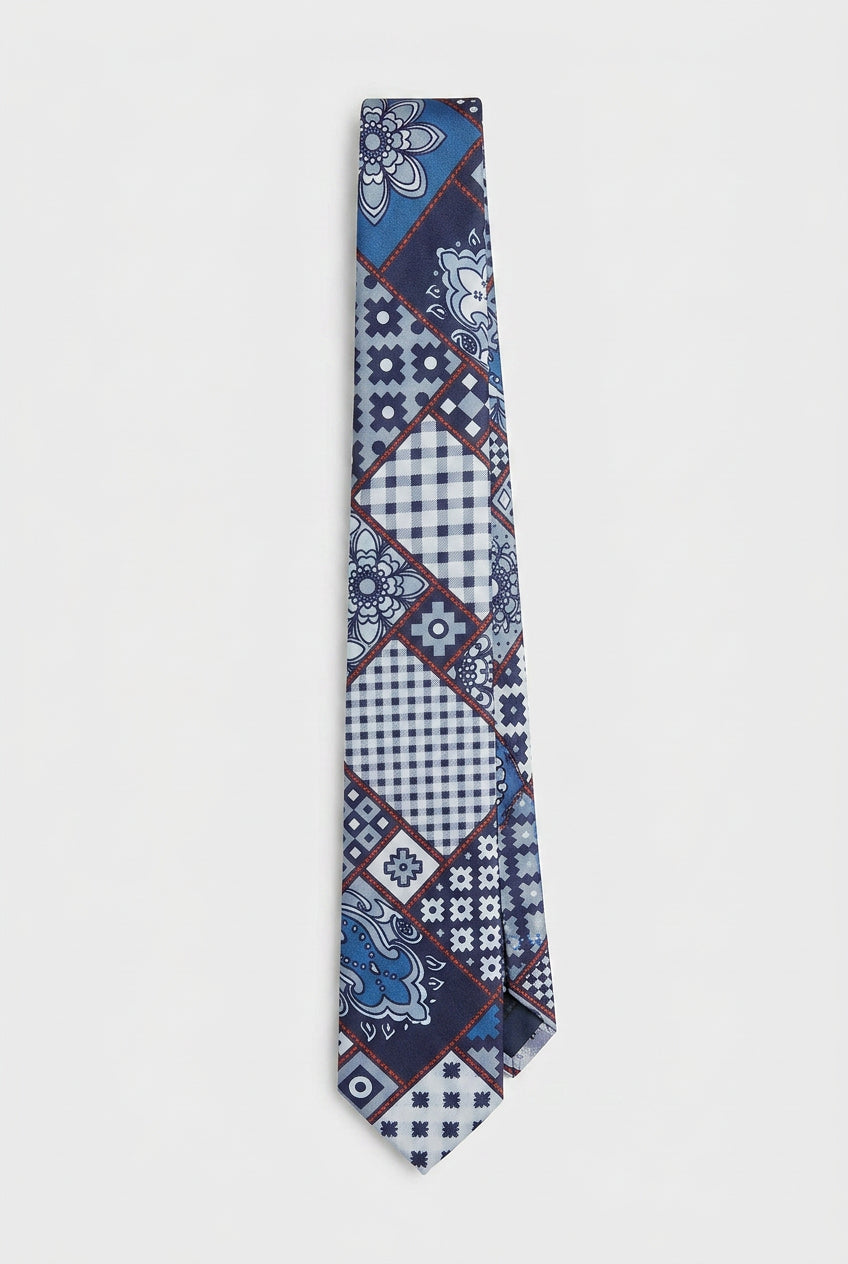 Cravate fine en jacquard patchwork pour garçons - Bleu marine