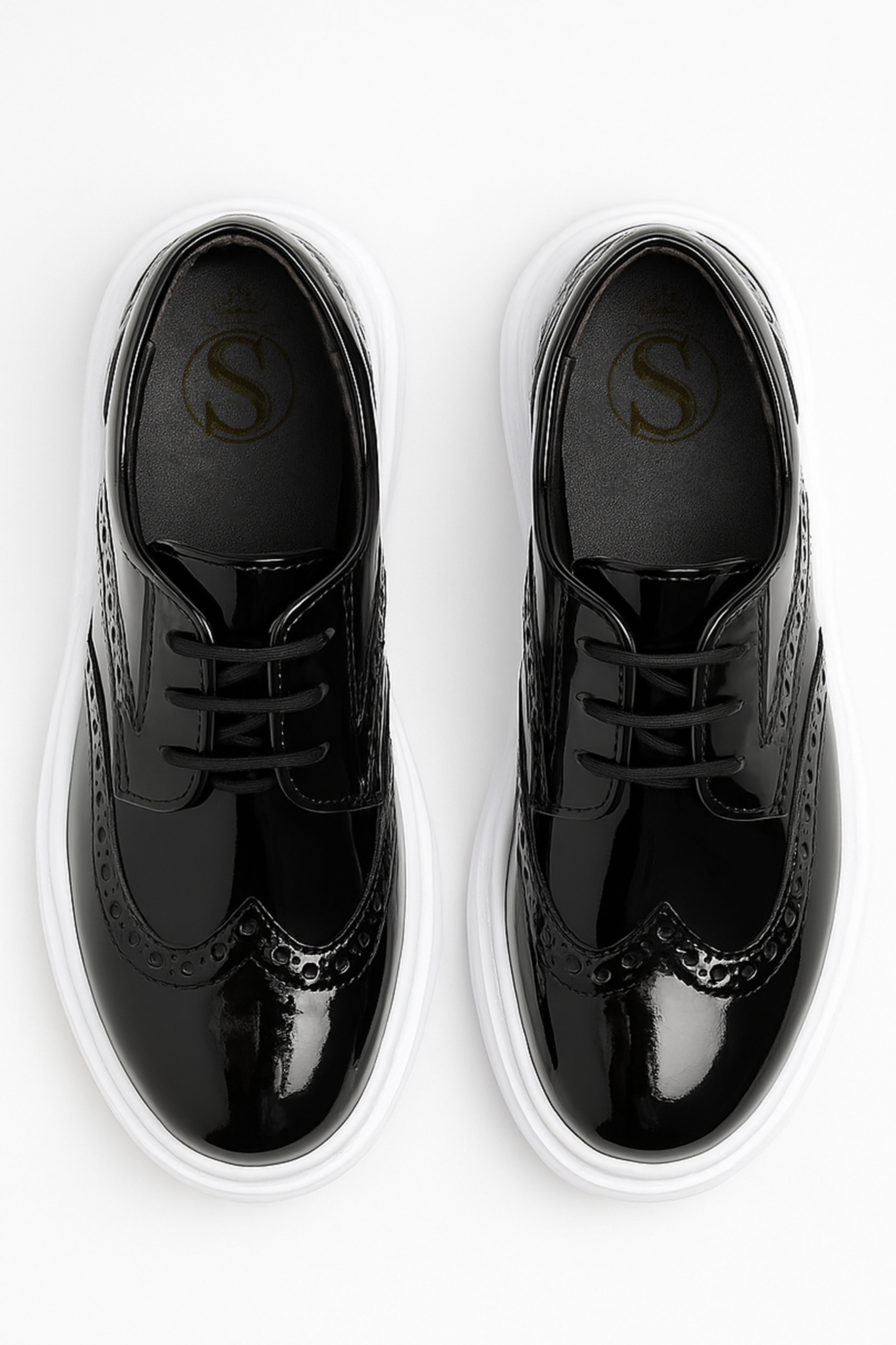 Boys Patent Brogue Lace up Thick Sole Black Shoes - Black Front Picture