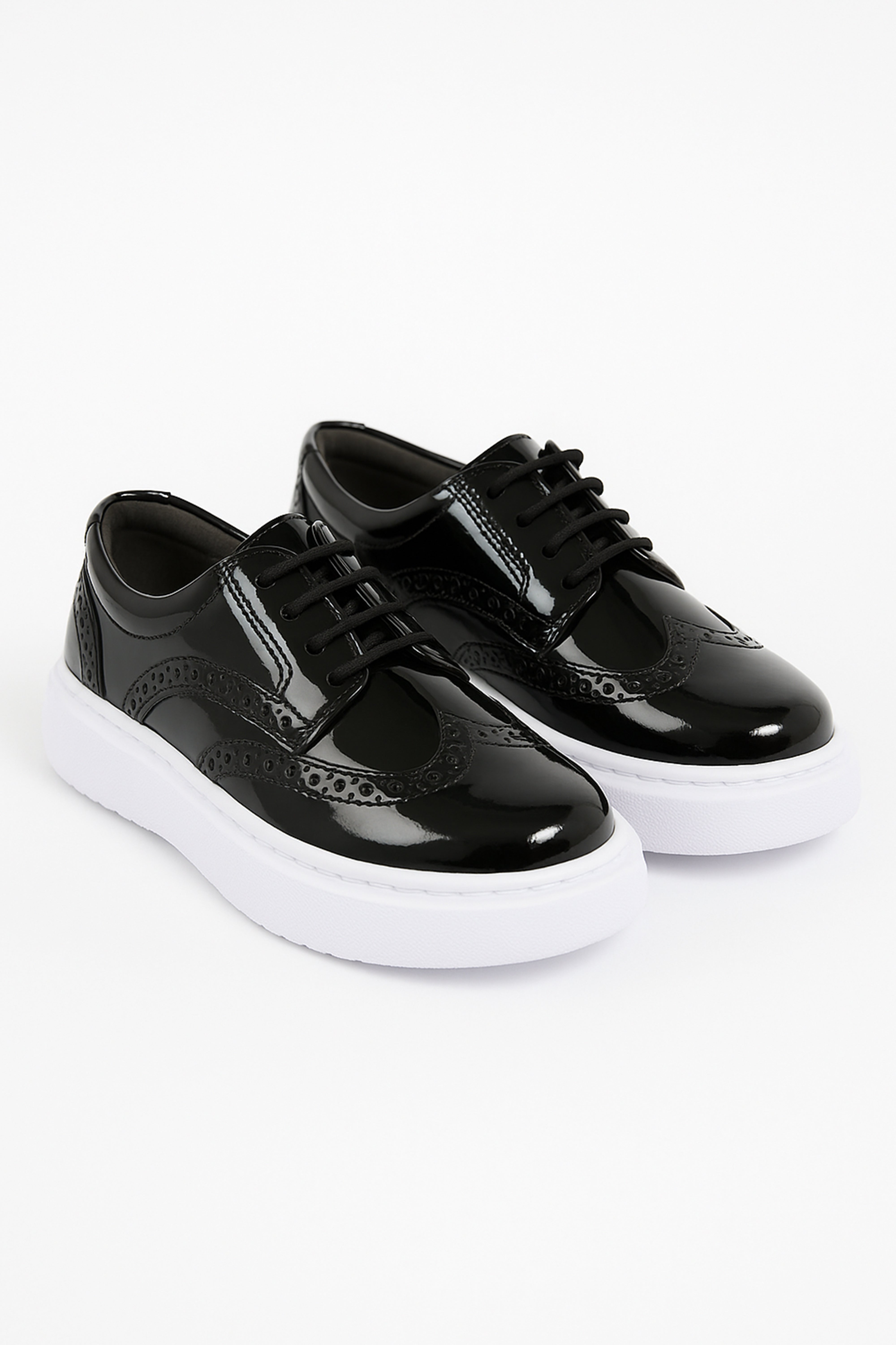 Boys Patent Brogue Lace up Thick Sole Black Shoes - Black Pair Side Picture