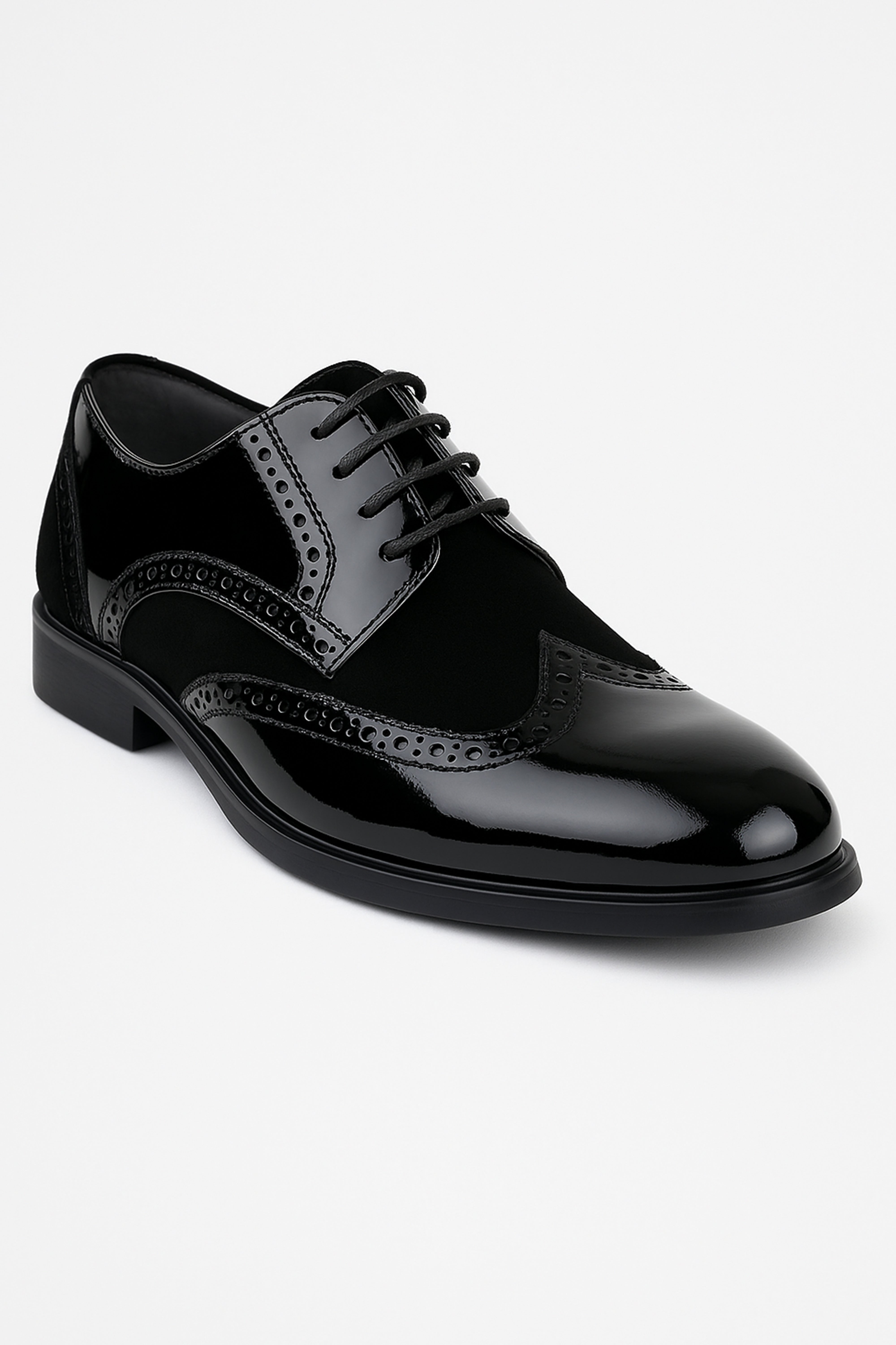 Boys Patent Leather & Suede Lace Up Brogue Derby Shoes - Black Side Picture