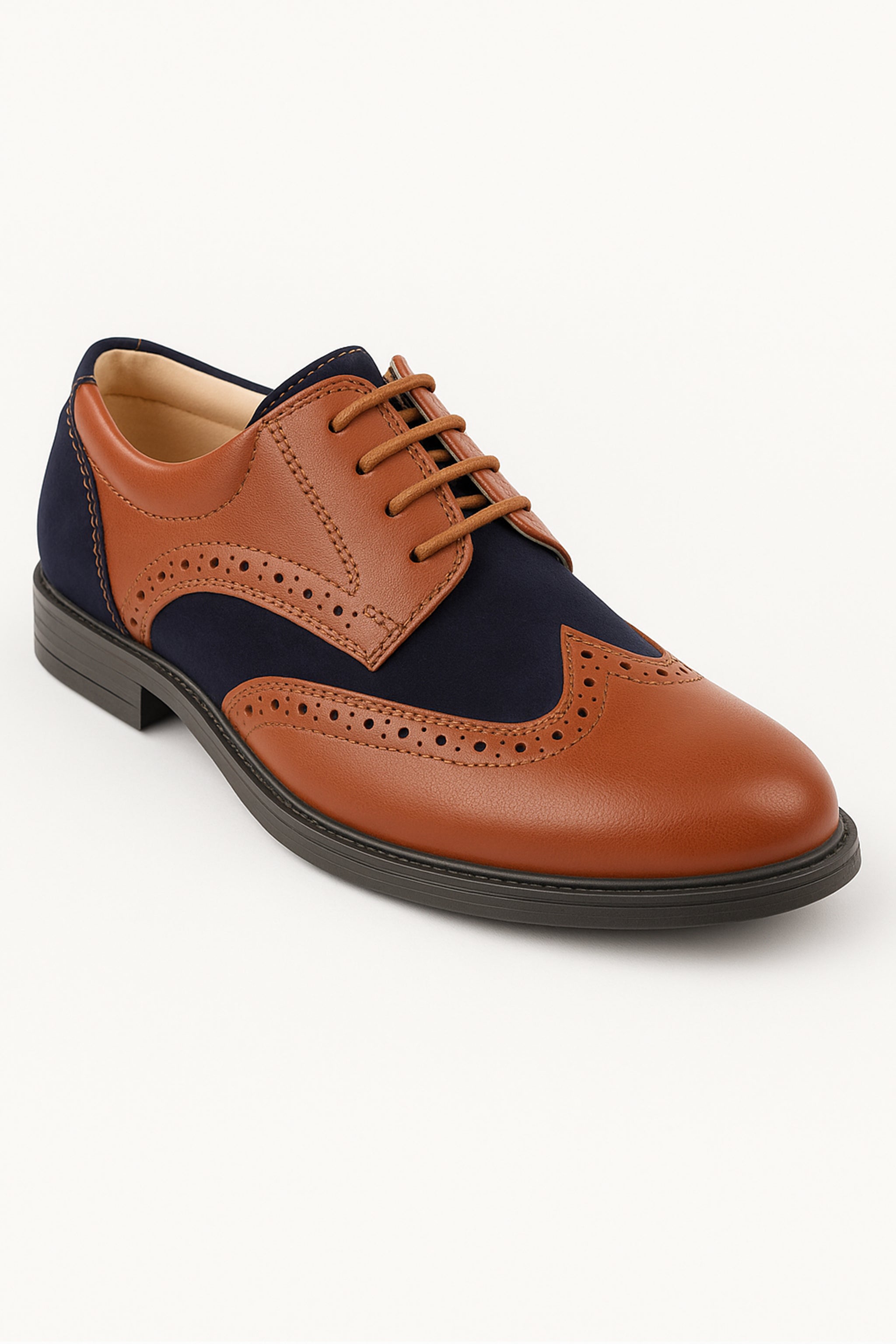 Boys Patent Suede Brogue Shoes in Tan & Navy