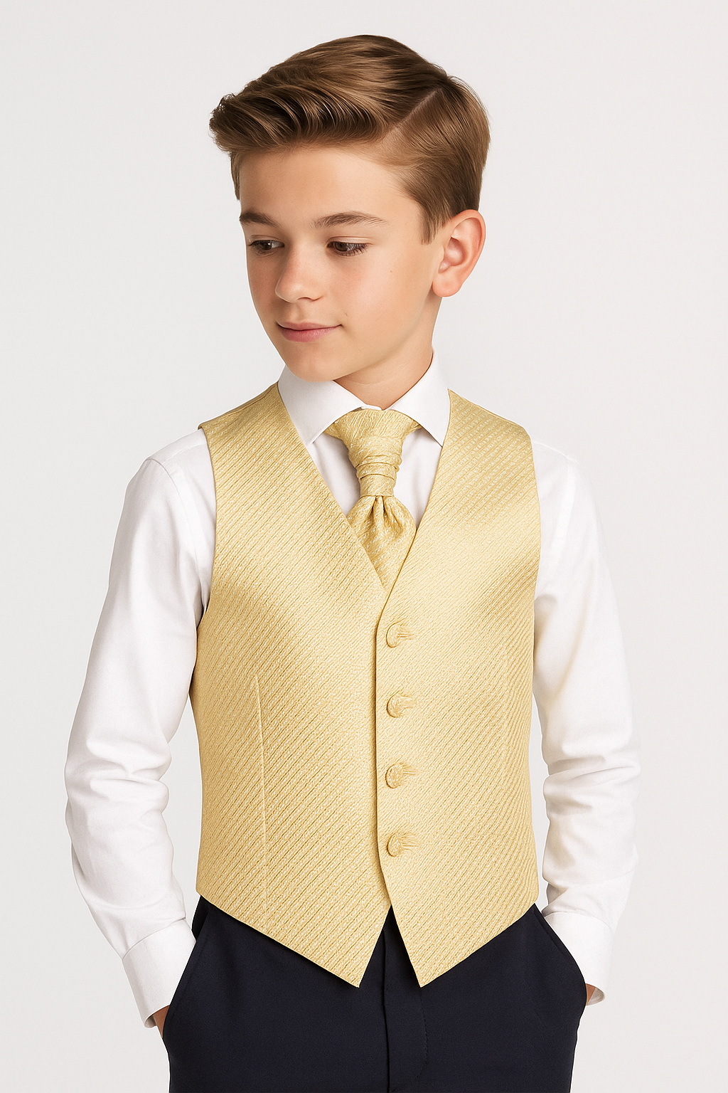 Boys Patterned Waistcoat Cravat Hanky Set - Gold