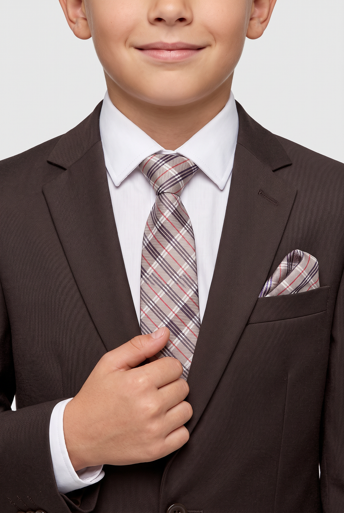 Set de corbata y pañuelo a cuadros para niños - Beige - Rojo y negro