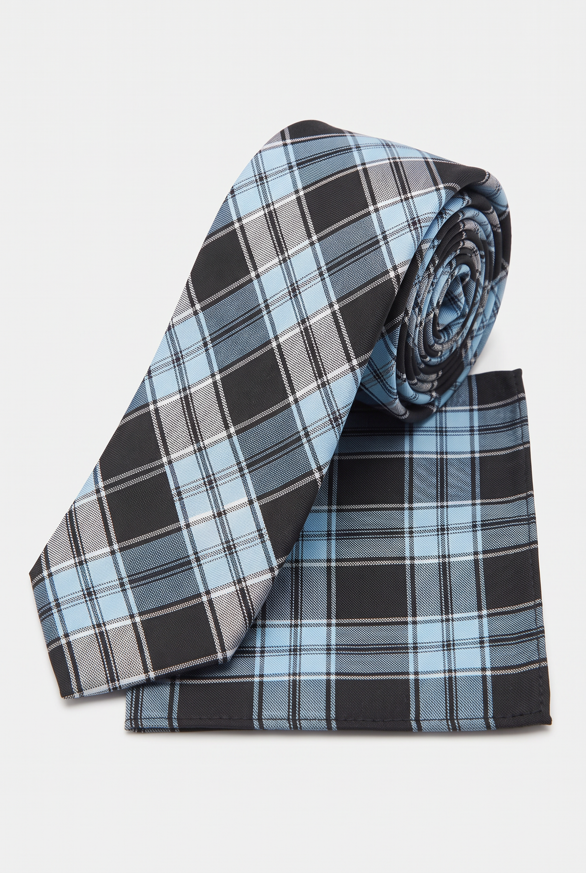 Boys Plaid Checkered Tie & Hankie Set Blue and Black