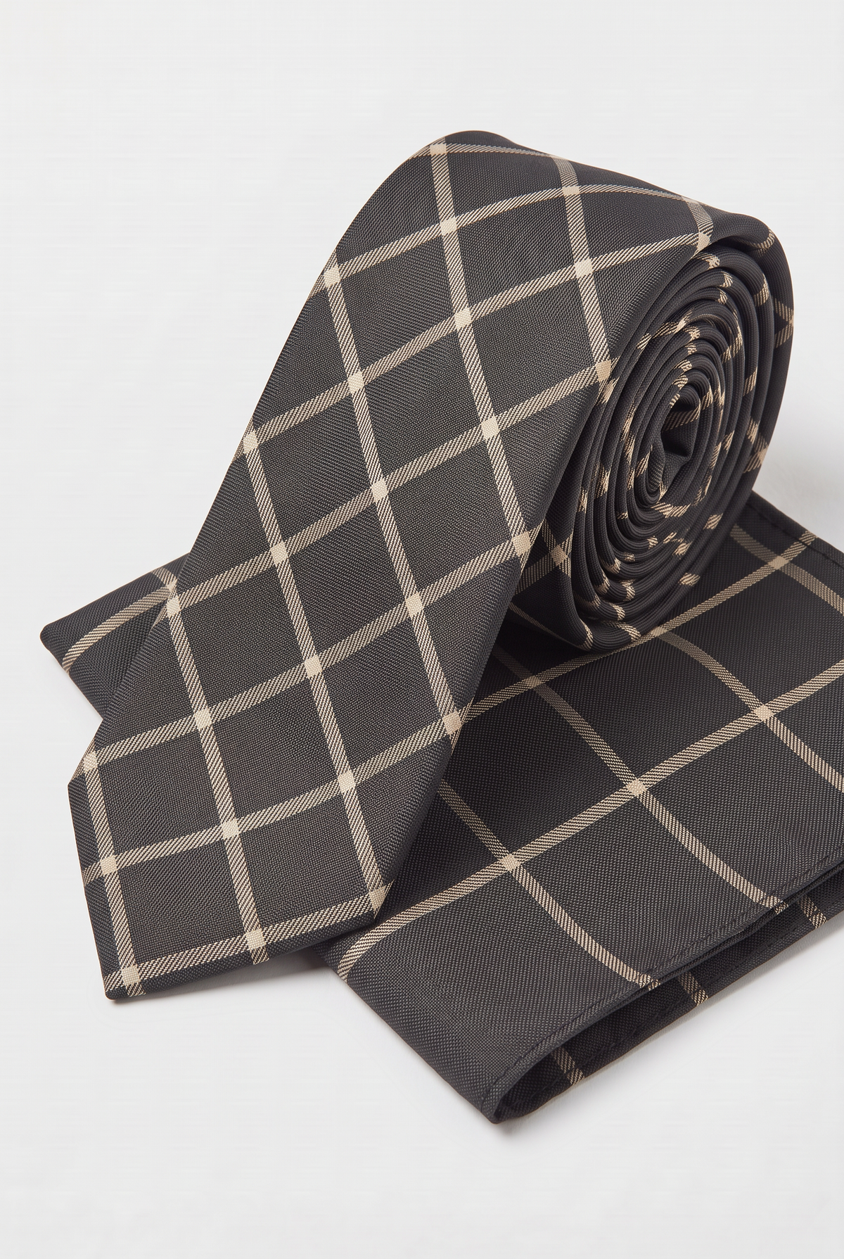 Boys Plaid Checkered Tie & Hankie Set Dark Brown and Beige