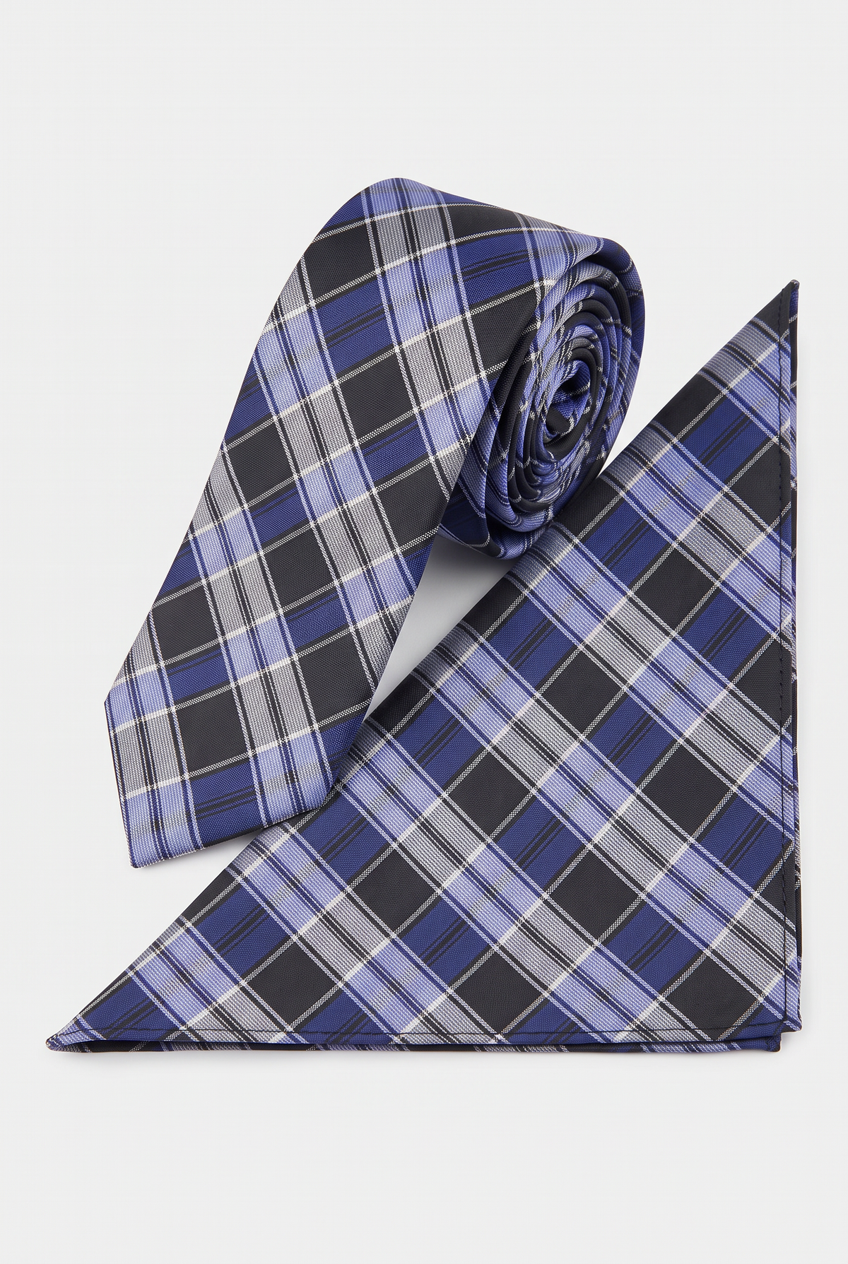 Ensemble cravate et mouchoir à carreaux pour garçon, bleu marine et noir