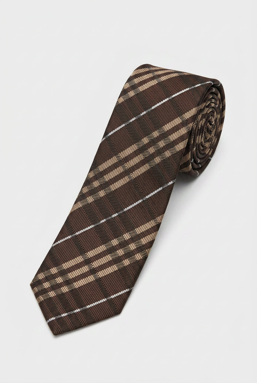 Cravatta sottile a quadri jacquard per ragazzi - Marrone