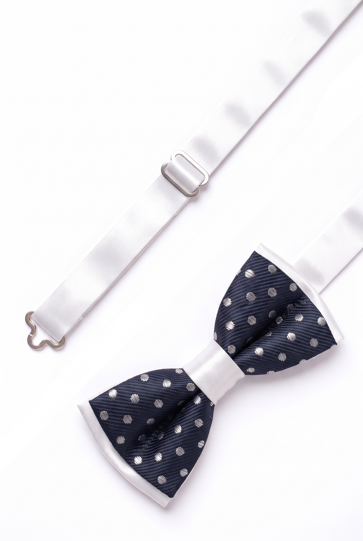 Boys Polka Dot Bow Tie - BWP Dark Blue and White strap detail picture