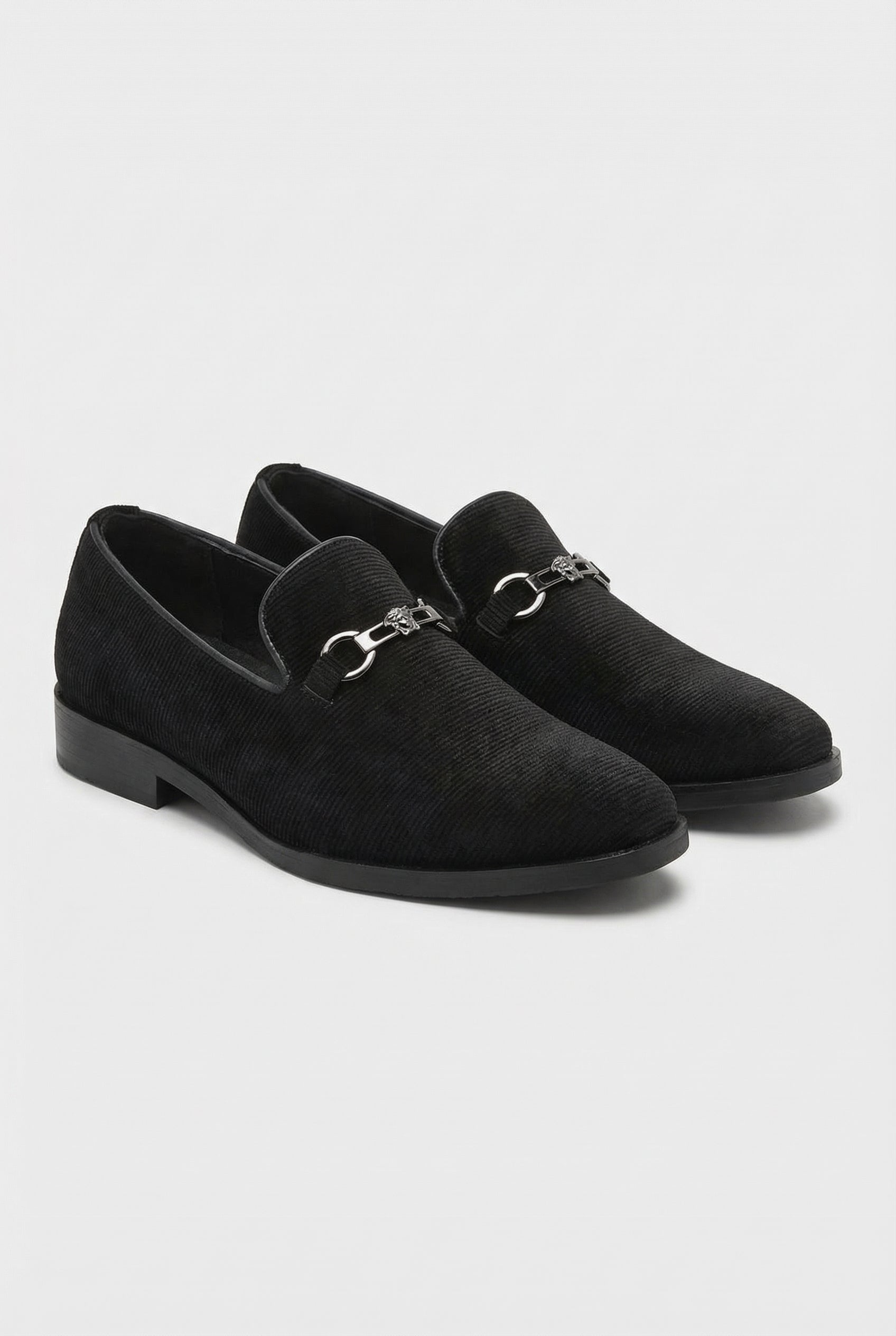 Boys Ribbed Velvet Loafer Shoes with Horsebit Detail - Davis Black Pair Side Picture