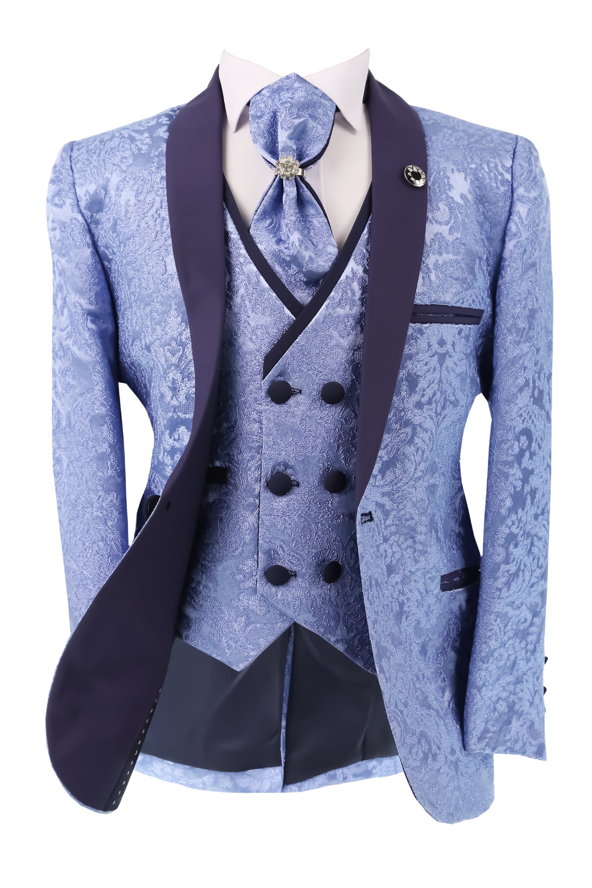 Boys Satin Lapel Paisley Floral Tuxedo Suit Set - Blue Jacket Front Open Picture