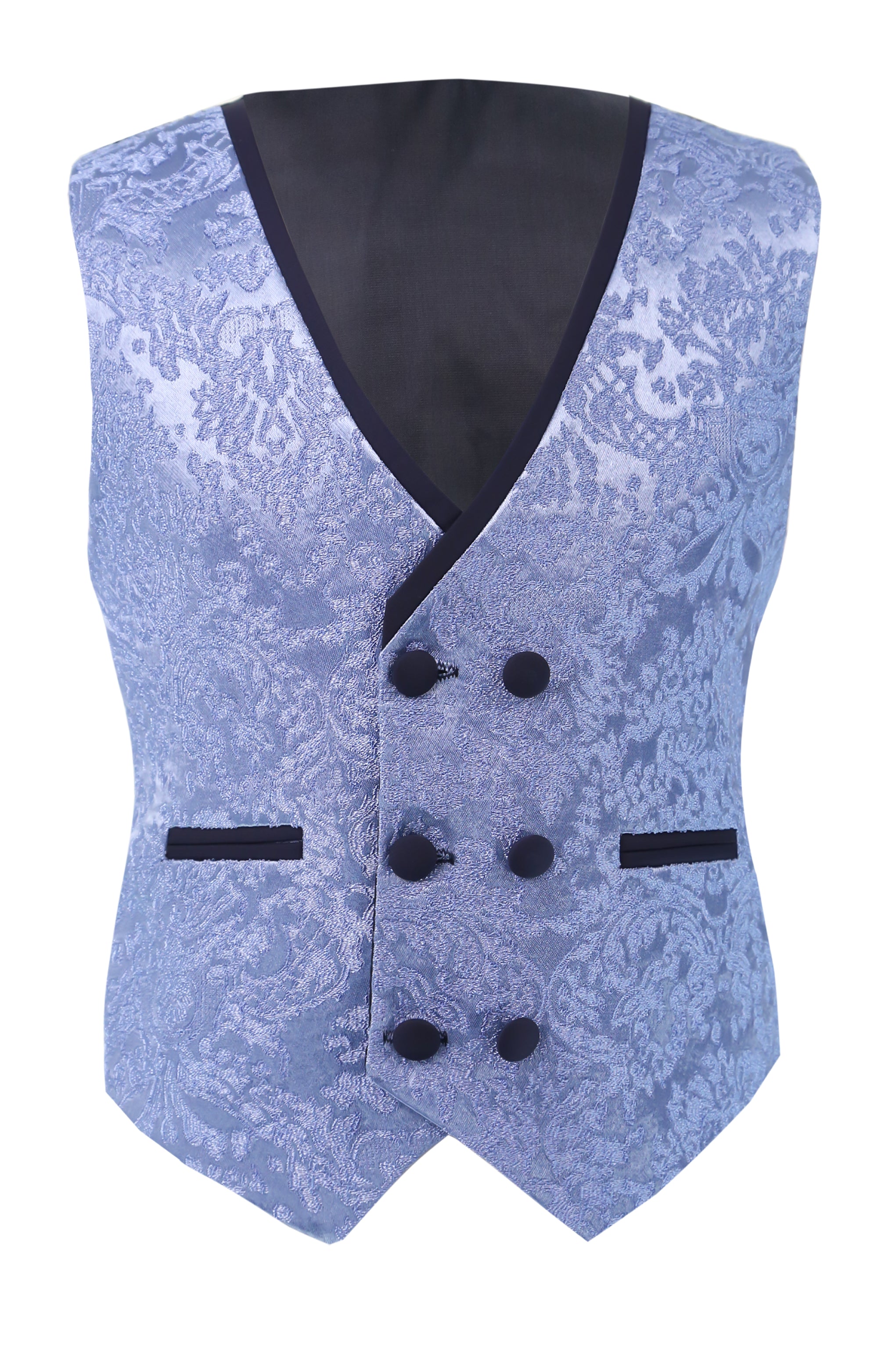 Boys Satin Lapel Paisley Floral Tuxedo Suit Set - Blue Waistcoat Picture