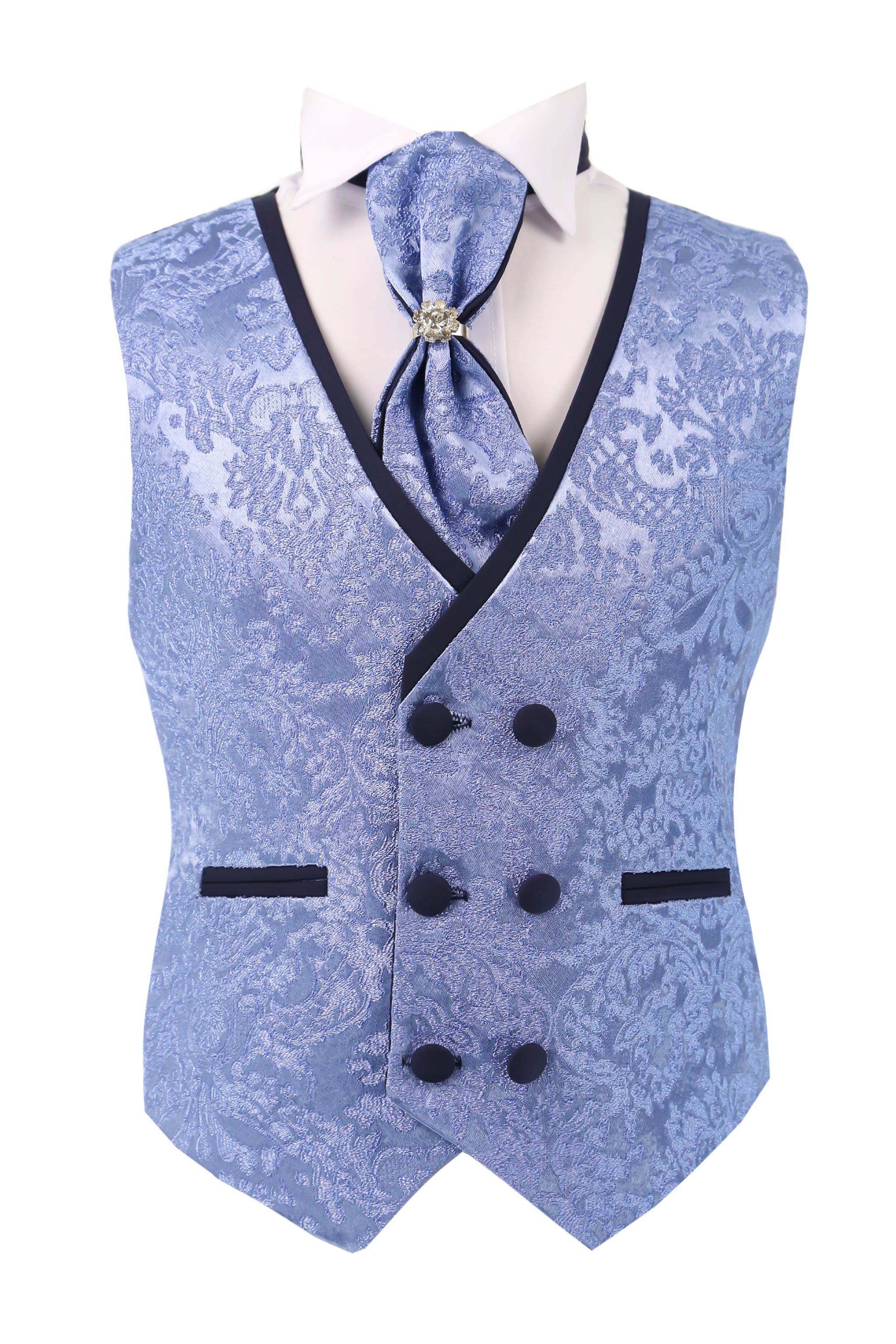 Boys Satin Lapel Paisley Floral Tuxedo Suit Set - Blue Waistcoat Front Picture