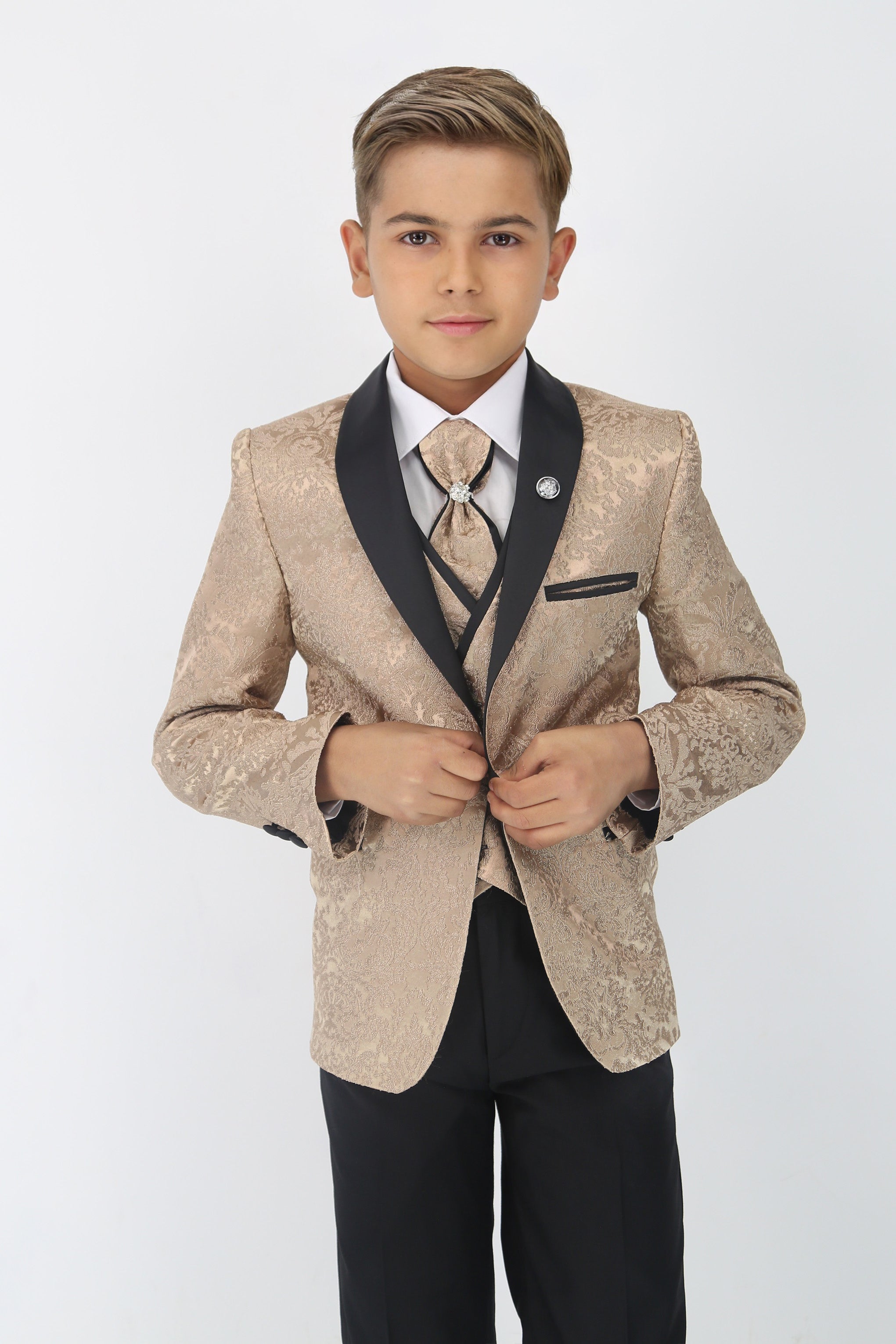 Boys Satin Lapel Paisley Floral Tuxedo Suit Set - Gold Model Front Picture